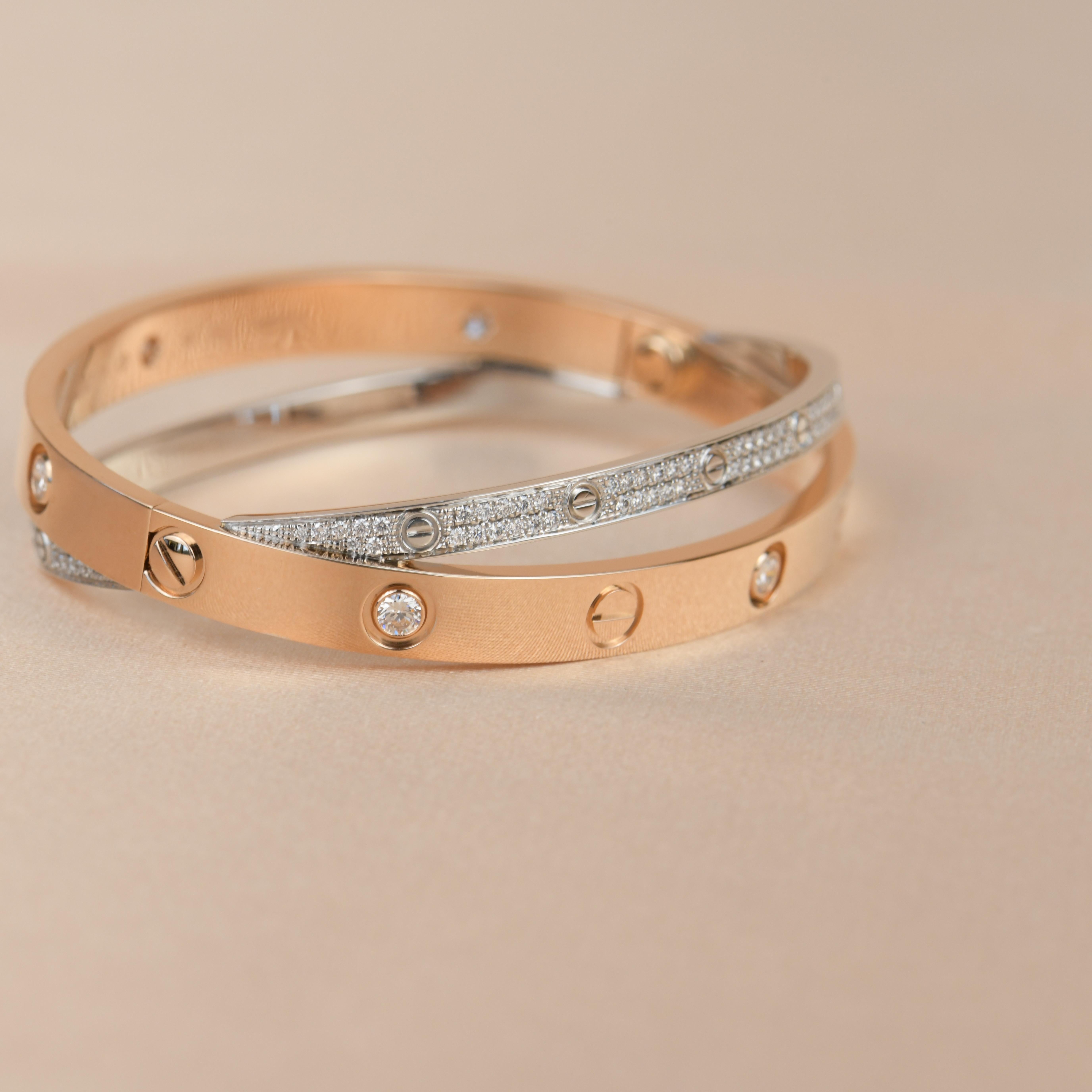 Women's or Men's Cartier Love Bracelet Set in Rose and White Gold Pave Diamond