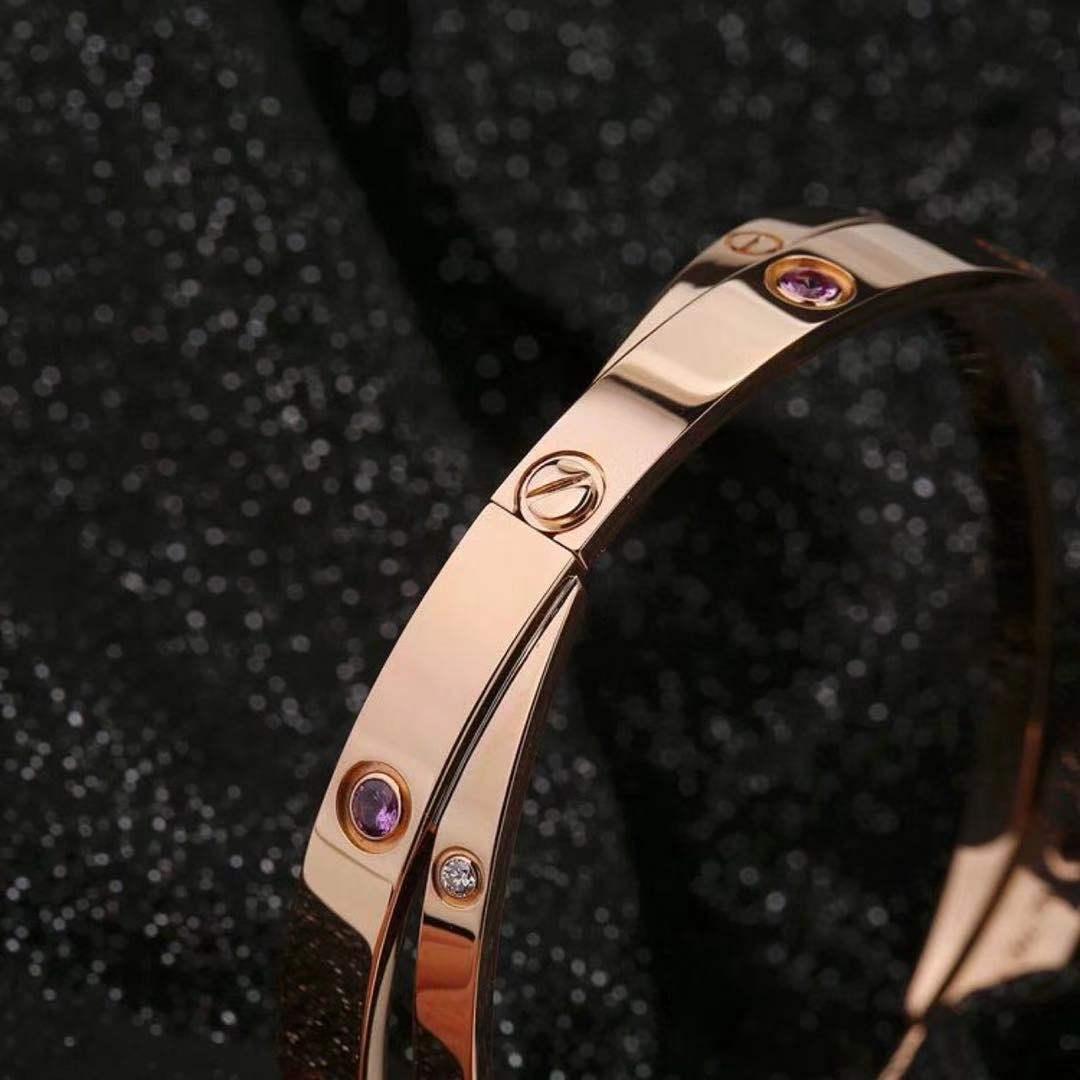 Brilliant Cut Cartier Love Bracelet Set in Rose Gold Diamond Pink Sapphire