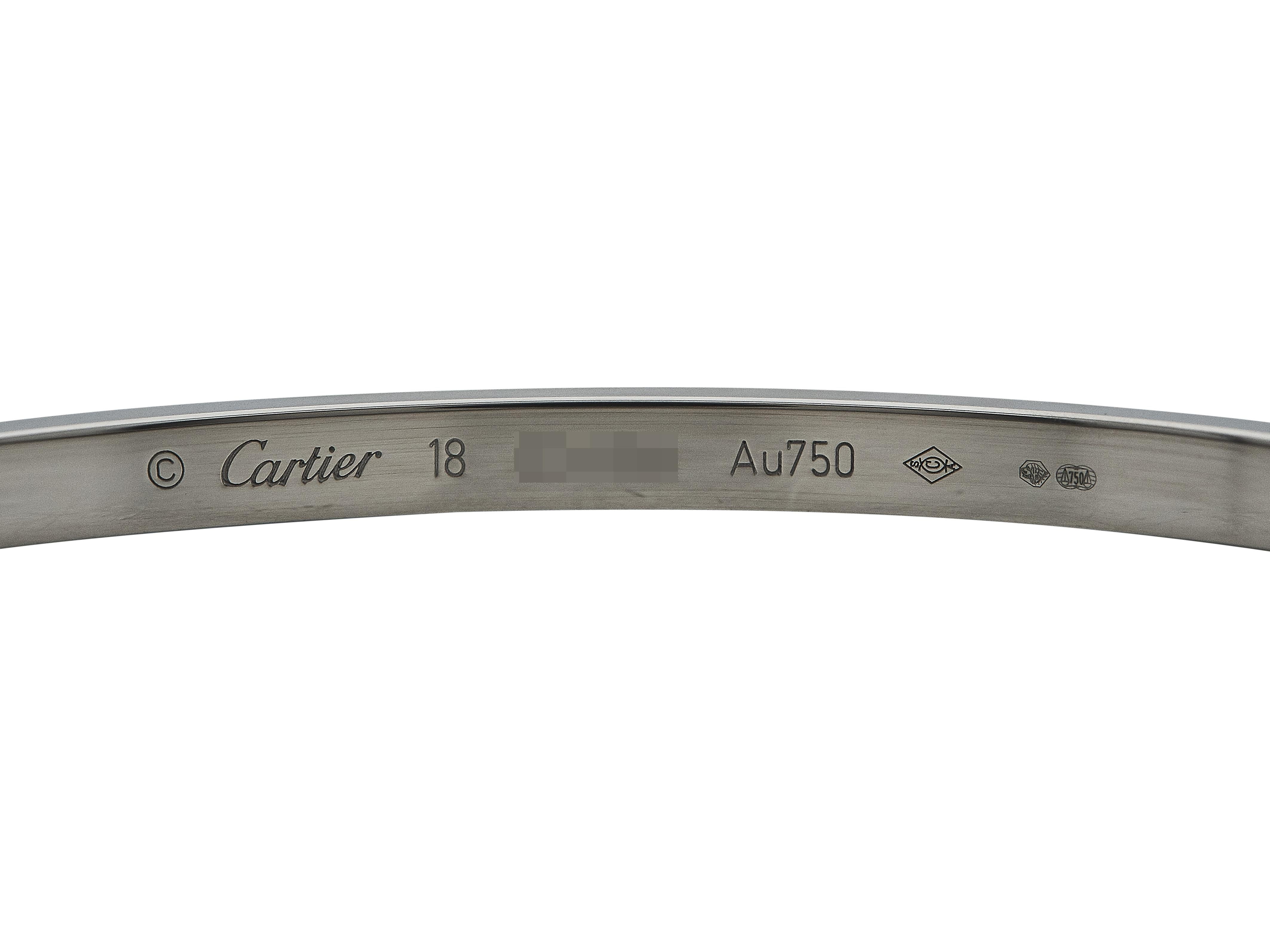 Bracelet Love de Cartier Fermeture à vis unique Petit Modèle Or Blanc 18K Taille 18 Unisexe en vente