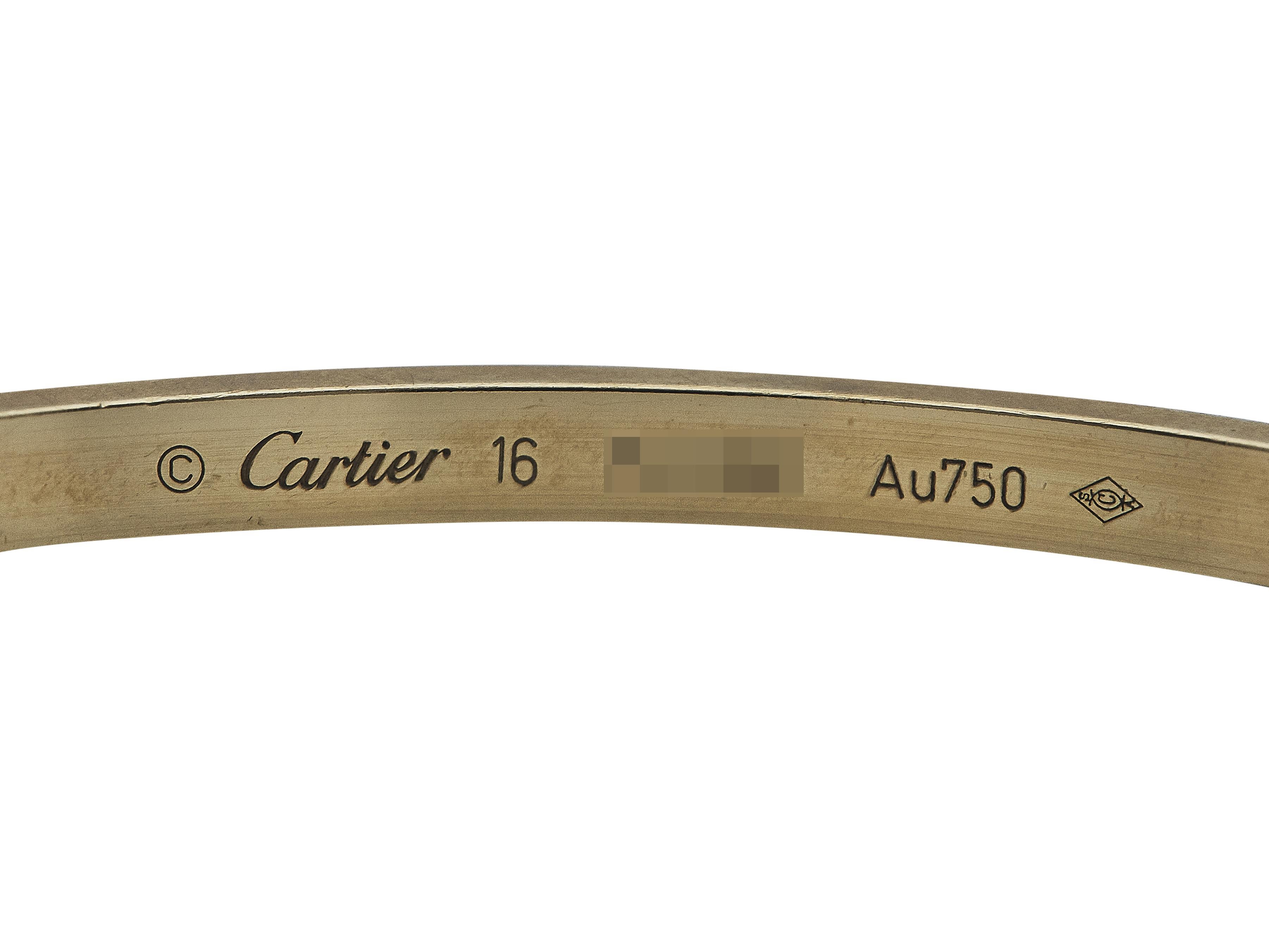 Women's or Men's Cartier Love Bracelet Single-Screw Closure Small Model 18K Yellow Gold Size 16 For Sale