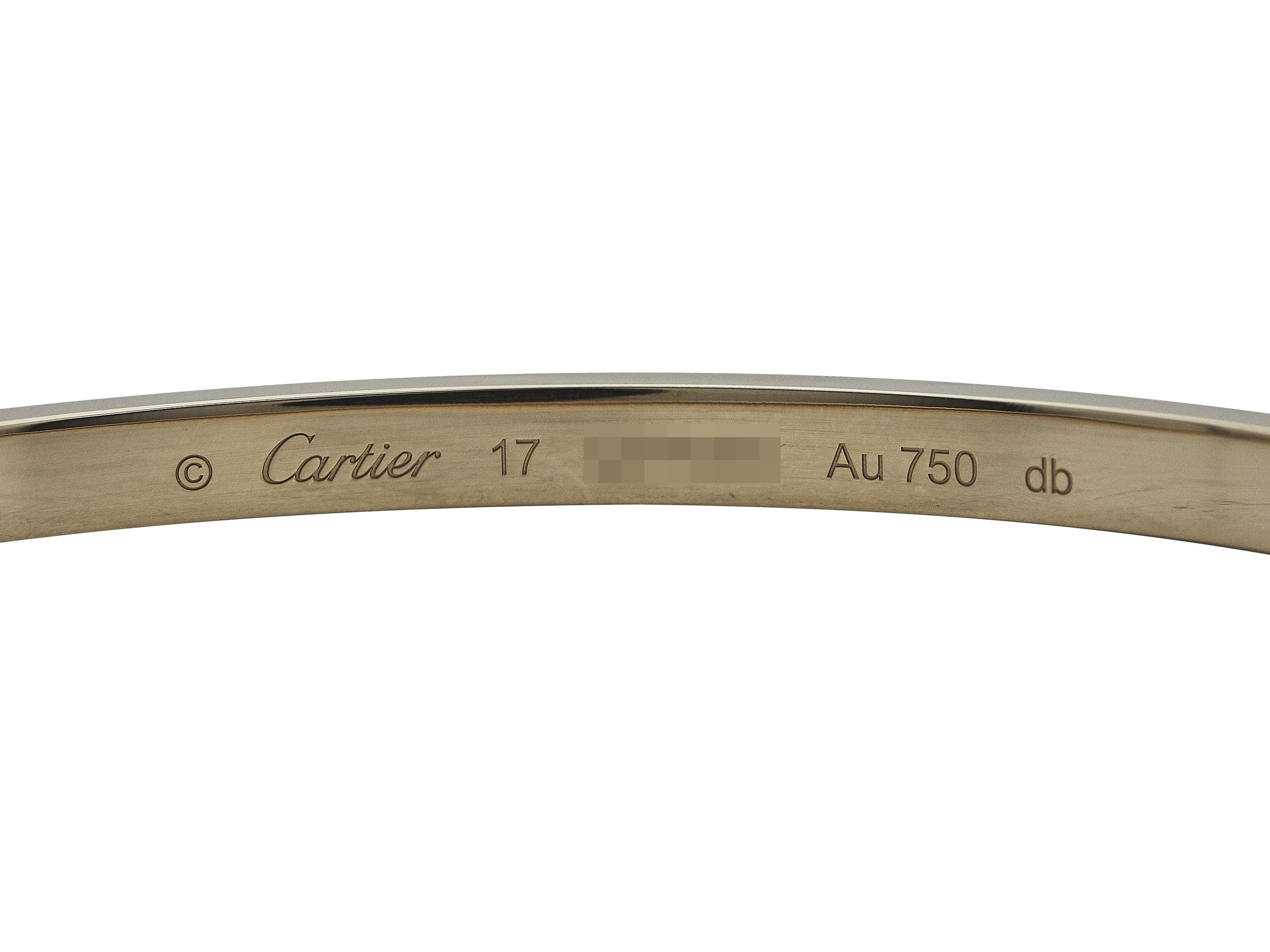 Women's or Men's Cartier Love Bracelet Single-Screw Closure Small Model 18K Yellow Gold Size 17 For Sale