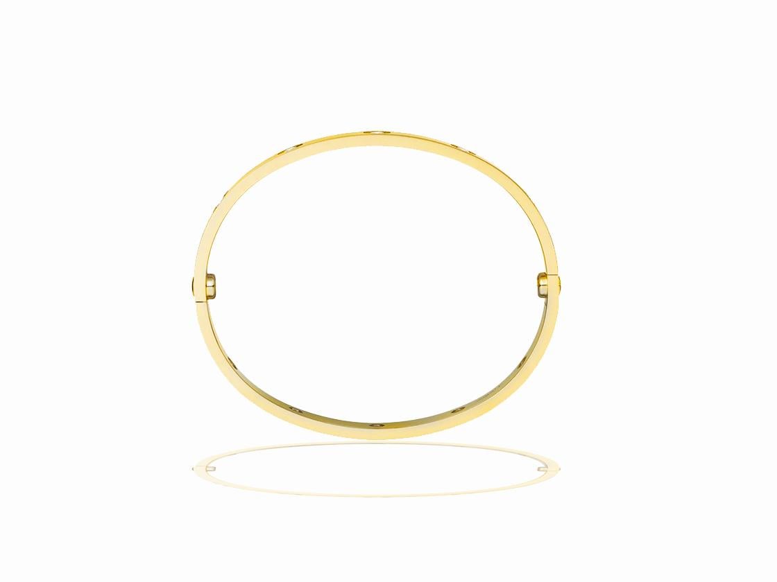   This gorgeous Cartier Love Bracelet is size 16 and in 18k yellow gold.  The bracelet comes with box and papers. 
The Love Bracelet (styled L⊝Ve, with the horizontal line inside the letter 