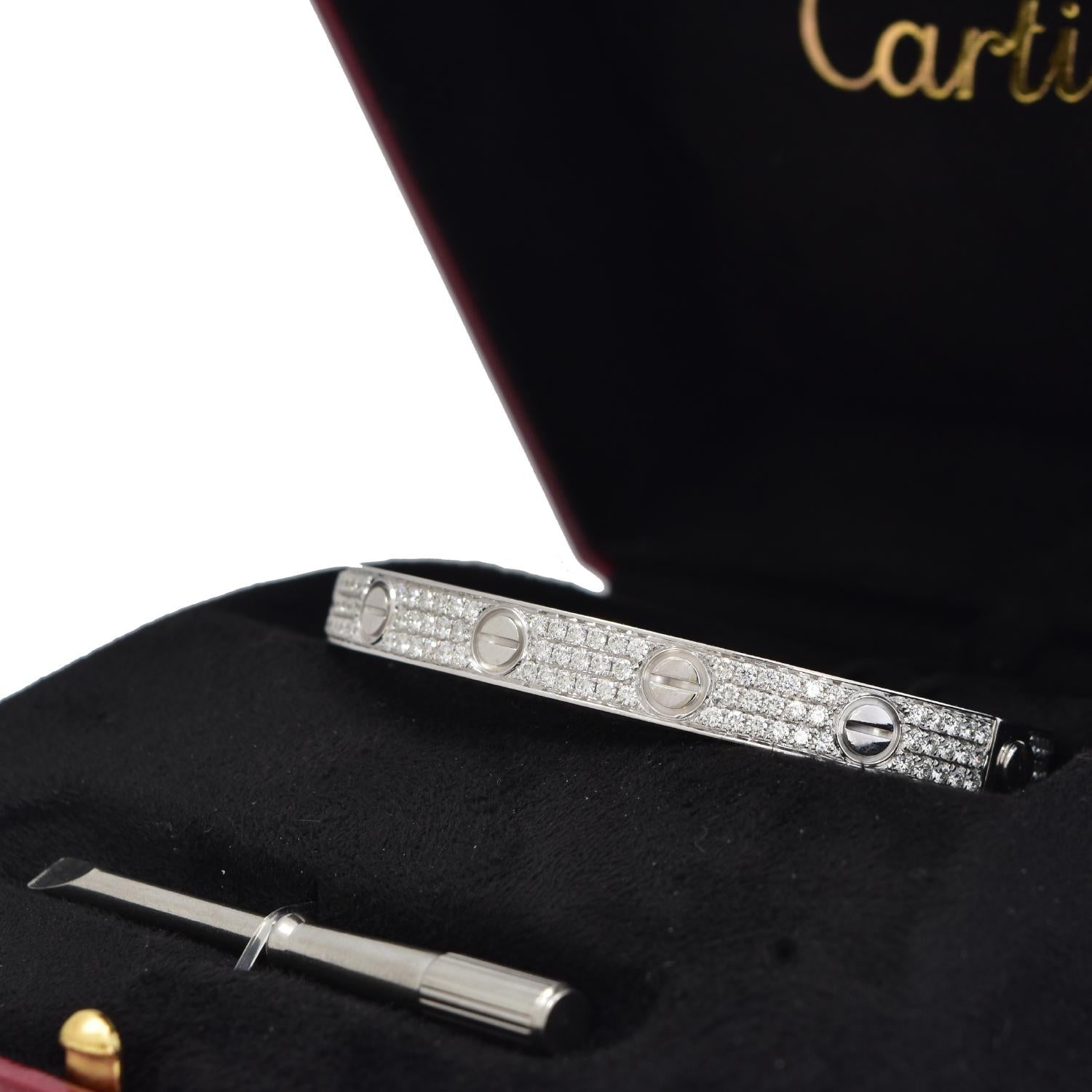 Designer: Cartier

Collection: LOVE

Style: Bracelet

Metal: White Gold

Metal Purity: 18k ​​

Stone:  Brilliant cut diamonds

Bracelet Size: 16 = 16 cm

Width: 3 mm

Total Item Weight (grams):  25.6 g

Hallmarks: Cartier; Serial No.; 16;