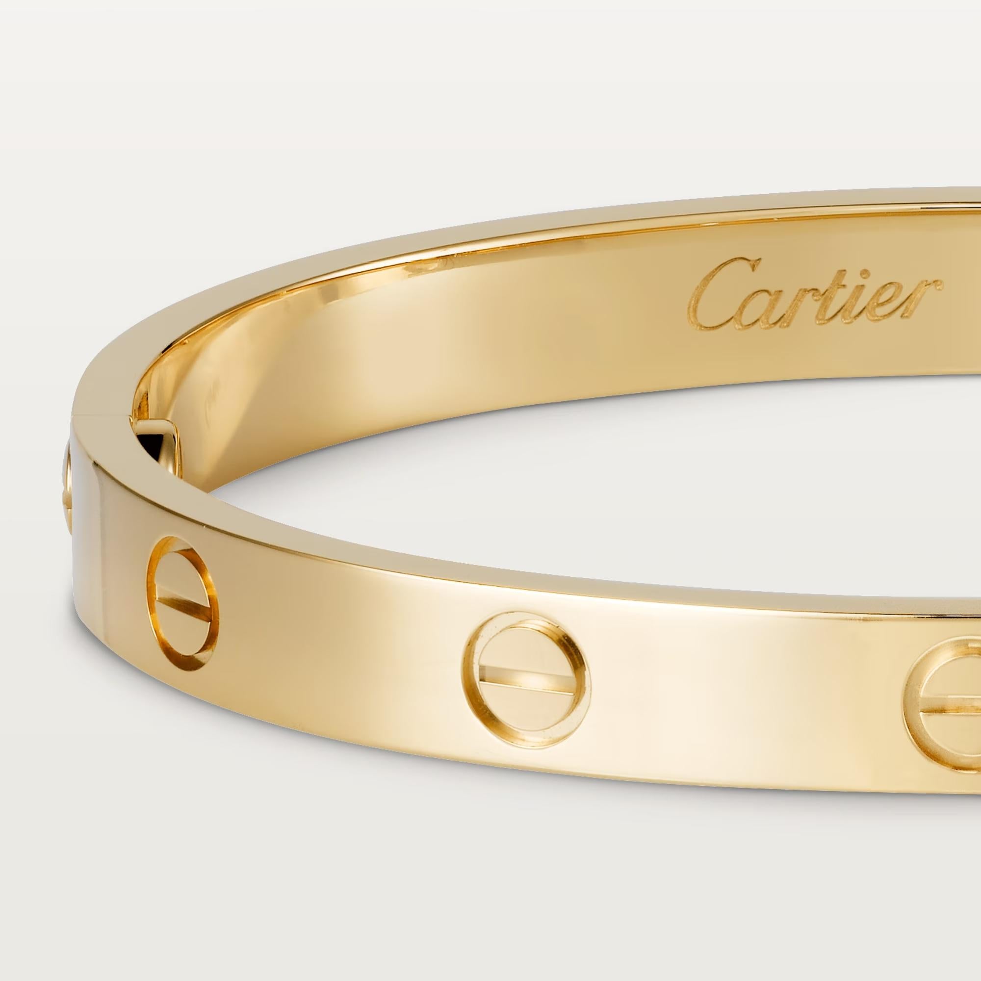 Designer: Cartier

Collection:  Love

Style: Bracelet

Metal: Yellow Gold 

Metal Purity: 18K 

Bracelet Size: 17

Hallmarks: Cartier; Serial #

Includes:  24 Months Brilliance Jewels Warranty

                 Cartier Box &  Certificate of
