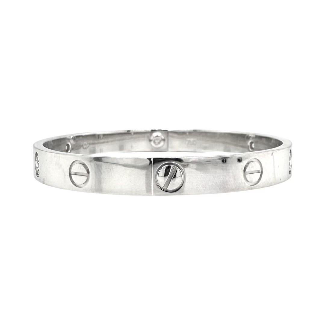 This Cartier Live bracelet is the perfect way to add a touch of luxury to any style . crafted from 18k white gold and featuring 4 diamonds this bracelet is a timeless piece that will retain its value overtime .it’s sleek and shinny design adds a