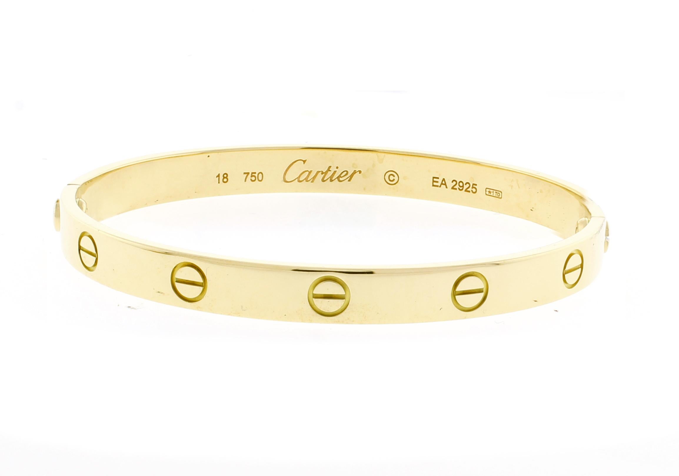 The  Cartier love bracelet remains an iconic symbol of love that transcends convention.
♦ Designer / Hallmarks: Cartier
♦ Original strew system
♦ Metal: 18 karat
♦ Circa January 2010
♦ Size 18
♦ Packaging: Cartier Boxes, screw driver  
♦ Condition: