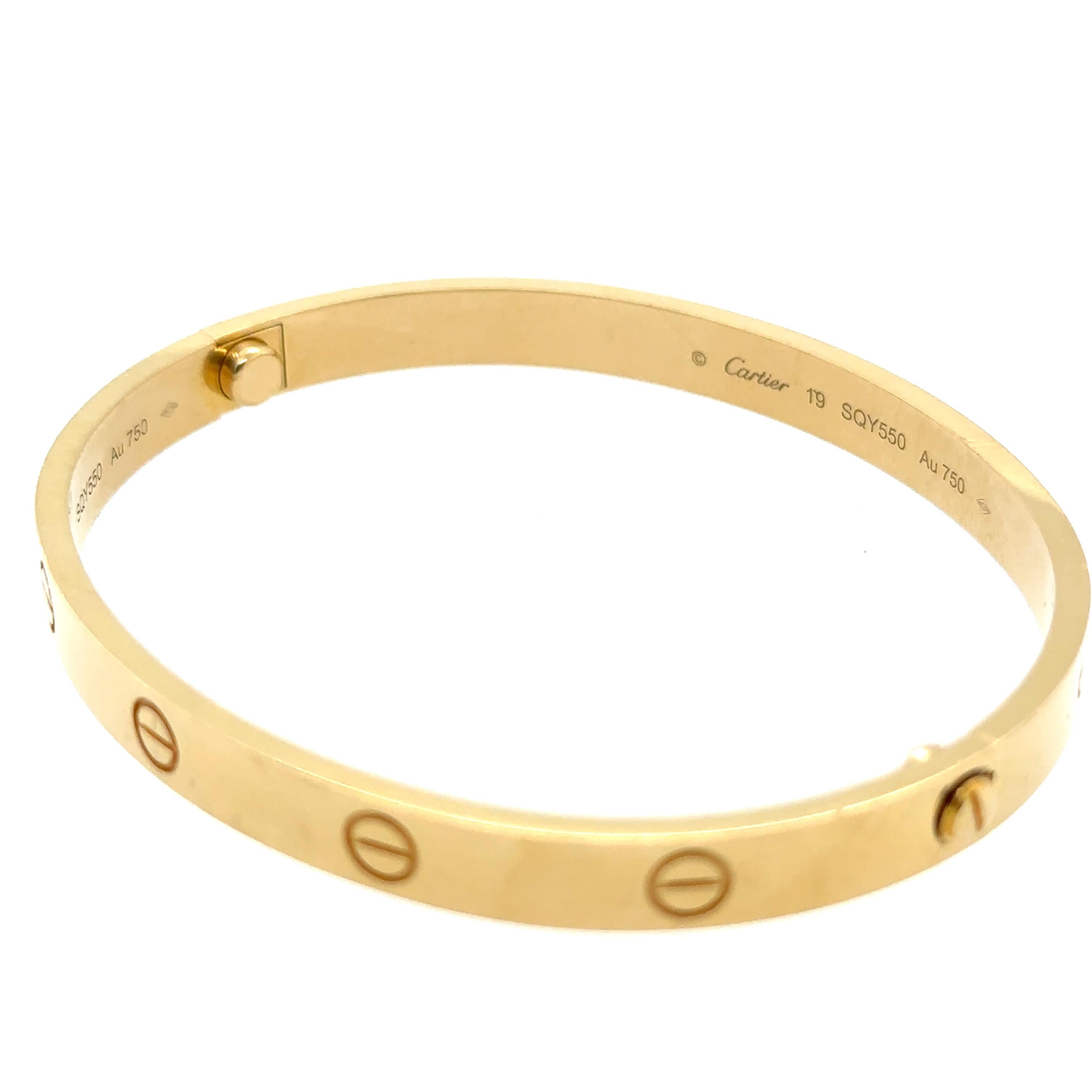 A Cartier 18ct Yellow Gold Love Bangle.

Width 6mm. Serial number: SQY550, Size 19cm. Weight 36.41 grams.

Reference: CRB6067519

Metal: 18ct Yellow Gold
Carat: N/A
Colour: N/A
Clarity:  N/A
Cut: N/A
Weight: 36.41 grams
Engravings/Markings: Cartier