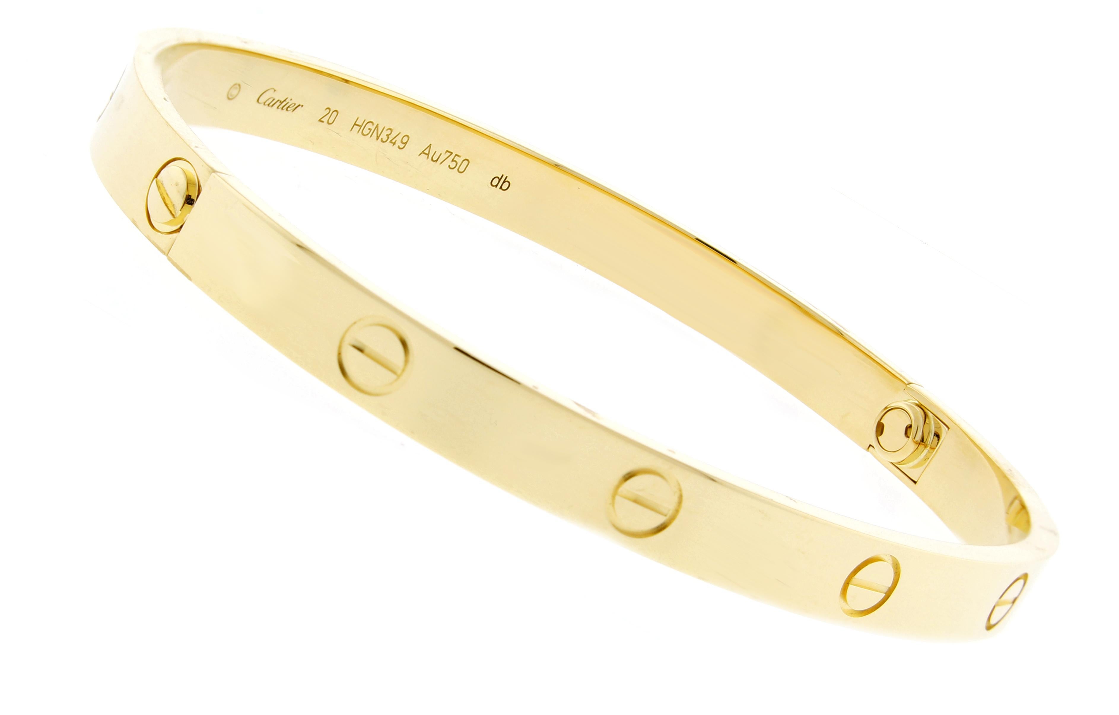 The love bracelet remains an iconic symbol of love that transcends convention. 
♦ Designer / Hallmarks: Cartier
♦ Metal: 18 karat
♦ Circa January 2019
♦ Size 20
♦ Packaging: Cartier Boxes, screw driver certificate of authenticity
♦ Condition: