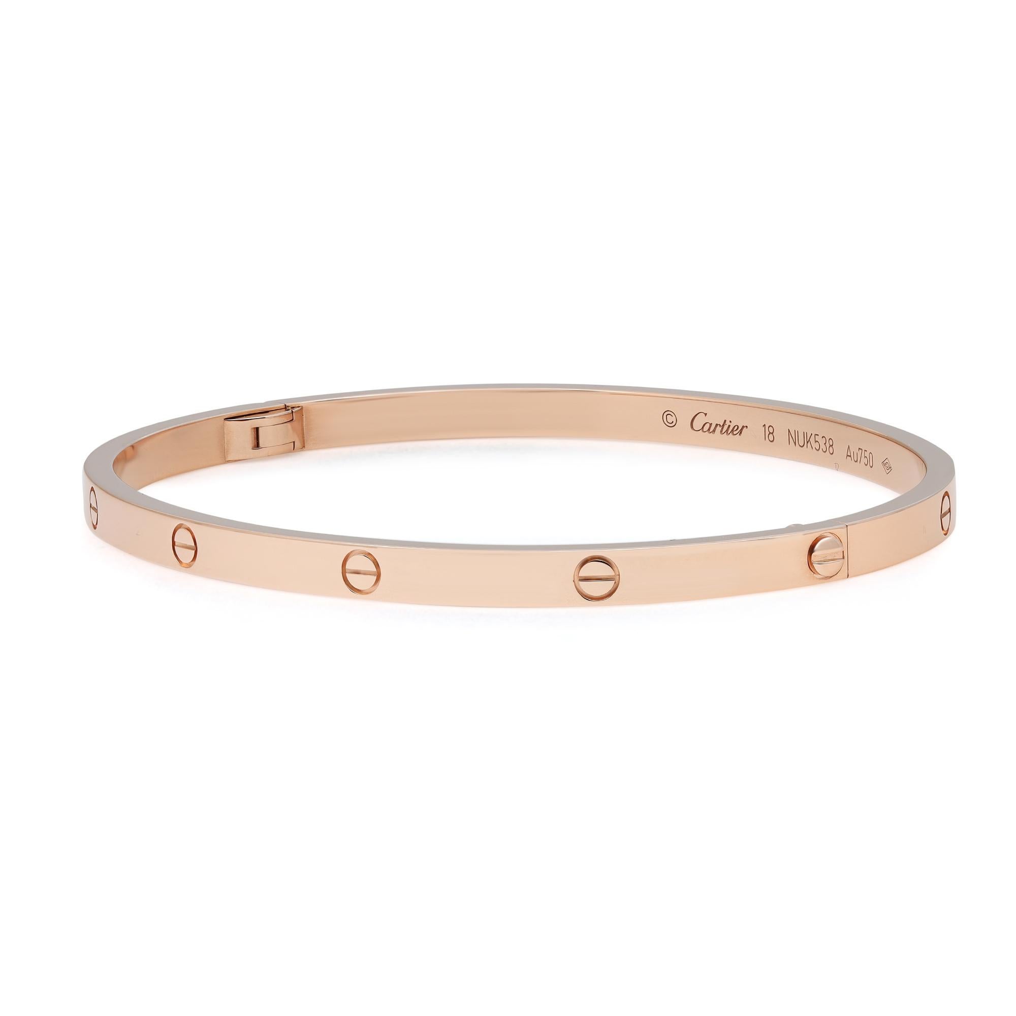 Cartier Love bracelet small model. Crafted in 18k rose gold. Width: 3.65 mm. Size 18. Comes with a screwdriver. Unworn condition. The bracelet is marked 