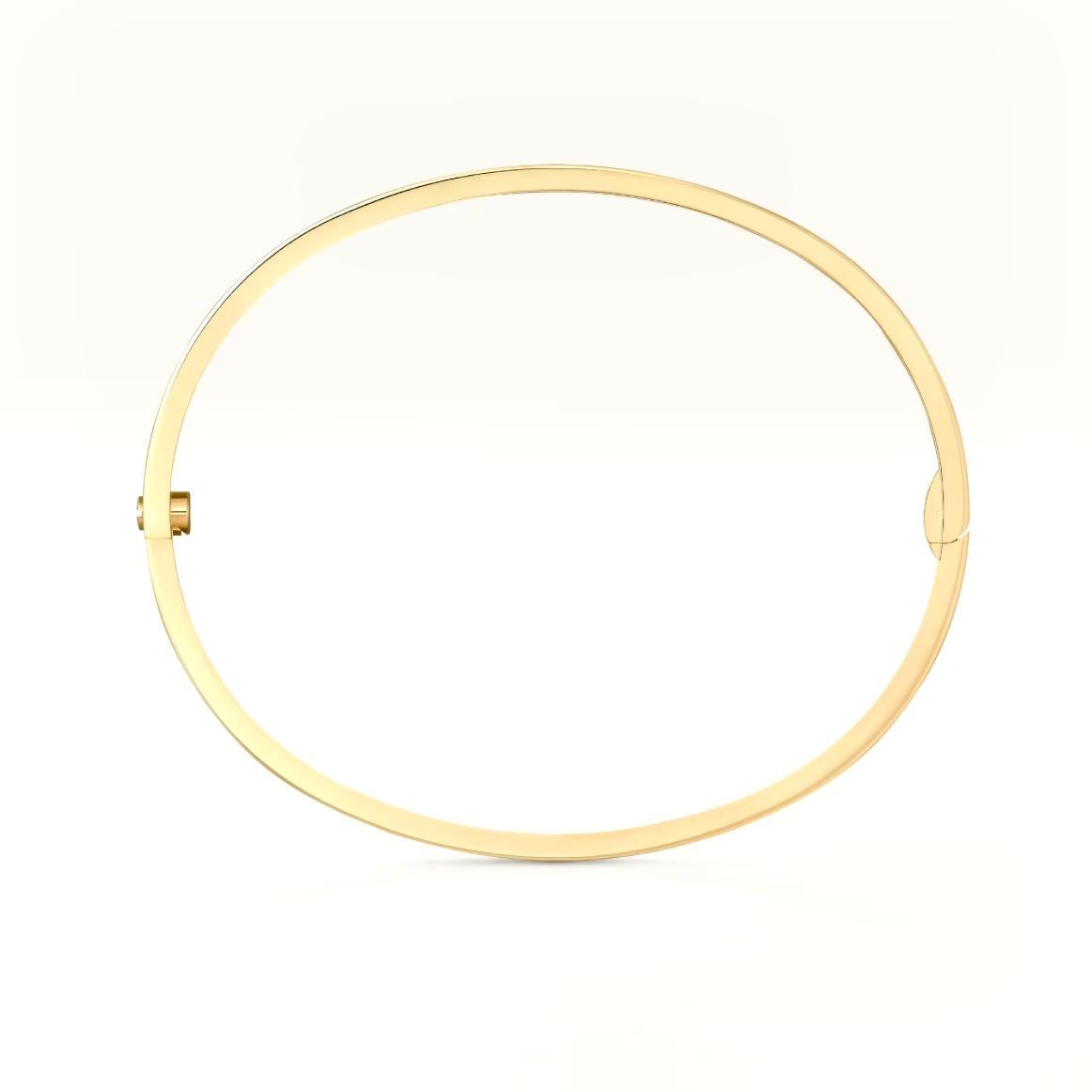 Designer: Cartier
Collection:  Love
Style: Bangle
Metal: Yellow Gold 
Metal Purity: 18K 
Stones: 6 Round Brilliant Cut Diamonds
Screw Style System: New Screw System 
Bracelet Size: 19 = 19 cm
Hallmarks: Cartier; Serial #, 750
Includes:  24 Months