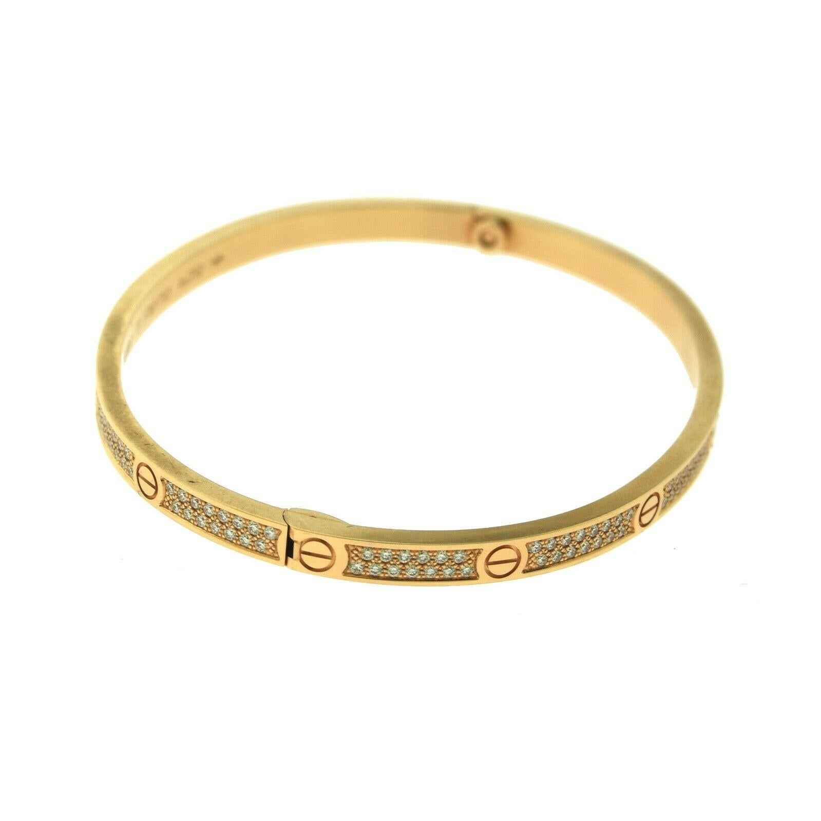 Designer: Cartier
Collection: LOVE
Style: THIN / Small Bangle/Bracelet
Metal: Rose  Gold
Metal Purity: 18k
Stones: 177 Round Brilliant Diamonds = 0.95 ct
Bracelet Size: 17 = 17 cm 
Hallmarks: Cartier, Serial No., Au750 17
Includes:  Cartier Box ,