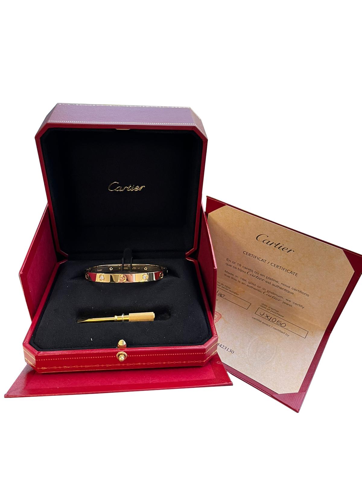 Cartier Pulsera Love con 4 diamantes talla brillante de 0,42 ct Oro amarillo de 18 quilates en Nuevo estado para la venta en Aventura, FL
