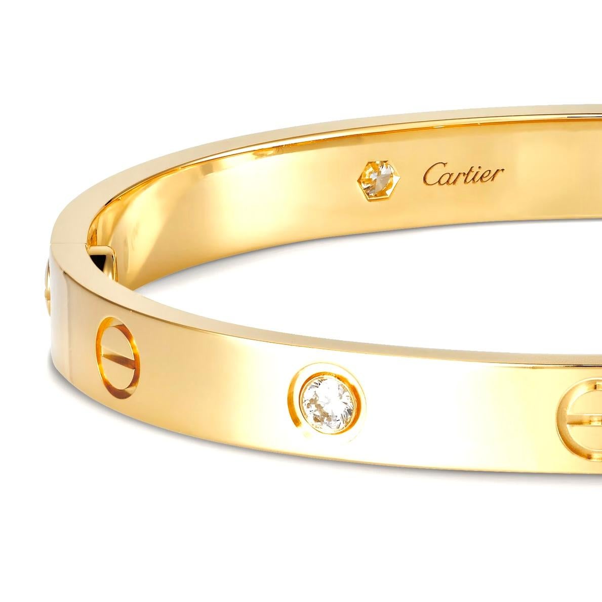 Designer: Cartier
Collection:  Love
Style: Bangle
Metal: Yellow Gold 
Metal Purity: 18K 
Stones: 4 Round Brilliant Cut Diamonds
Screw Style System: New Screw System 
Bracelet Size: 16 = 16 cm
Hallmarks: Cartier; Serial #, 750
Includes:  24 Months