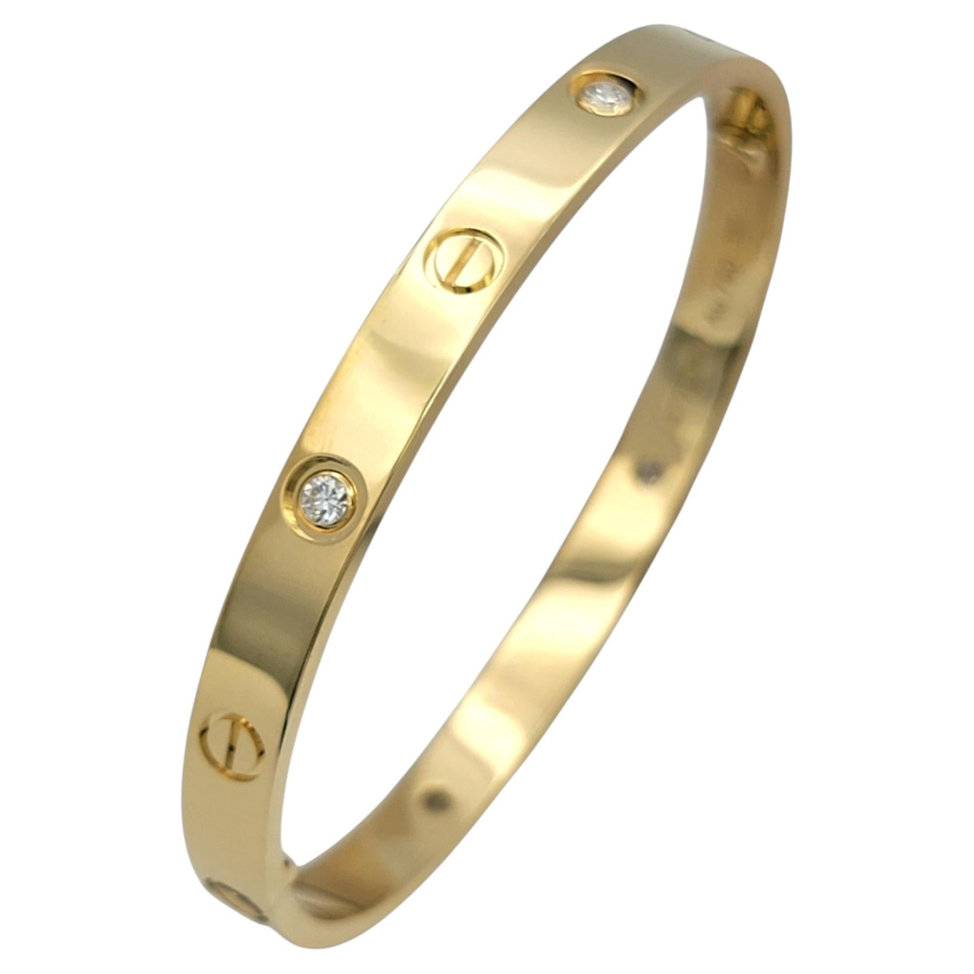Cartier Four Diamond Love Bangle Bracelet 18 Karat Yellow Gold with Box, Size 17