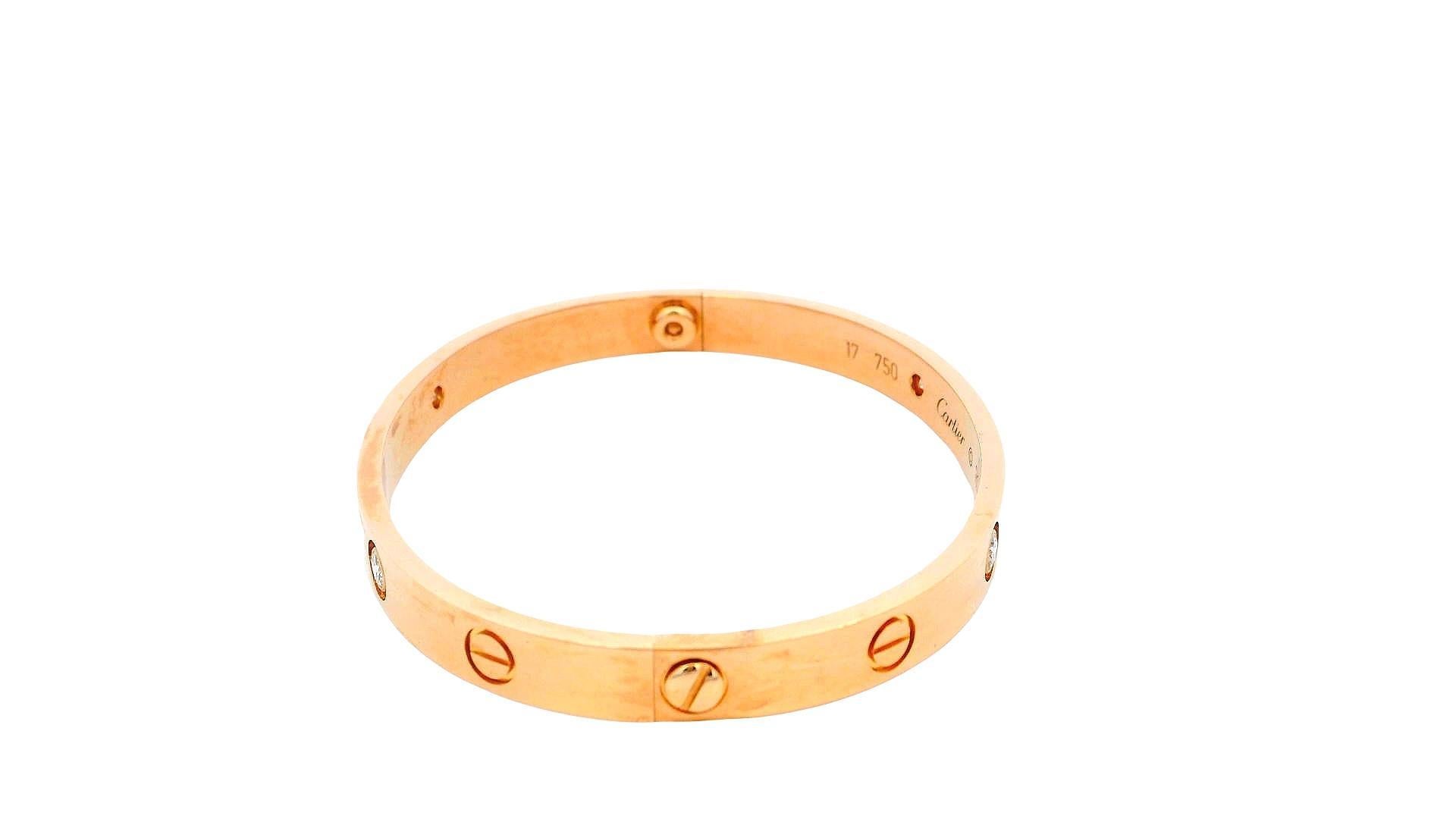 Women's or Men's Cartier Love Bracelet with Screwdriver Size '17' 18K Rose Gold, Diamond & Box For Sale