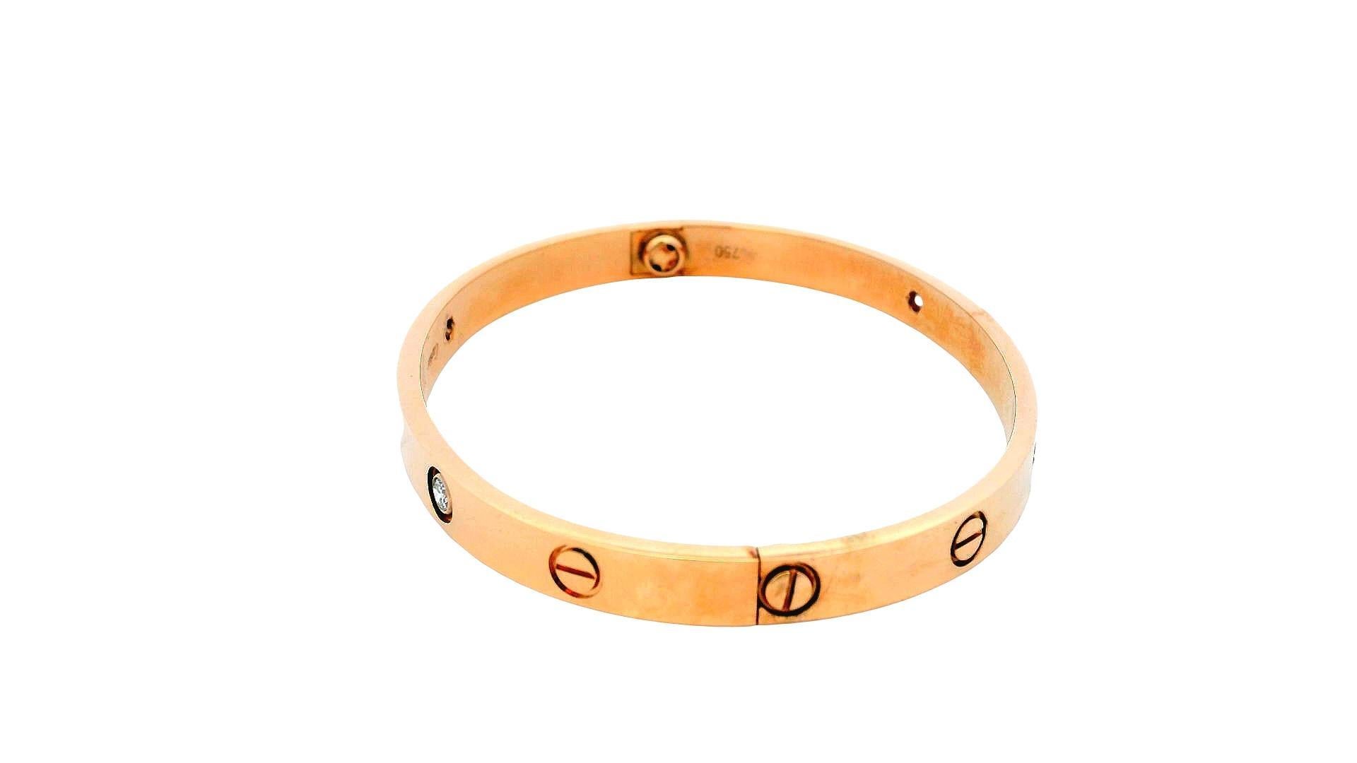 Brilliant Cut Cartier Love Bracelet with Screwdriver Size '18' 18K Rose Gold, Diamond & Pouch For Sale
