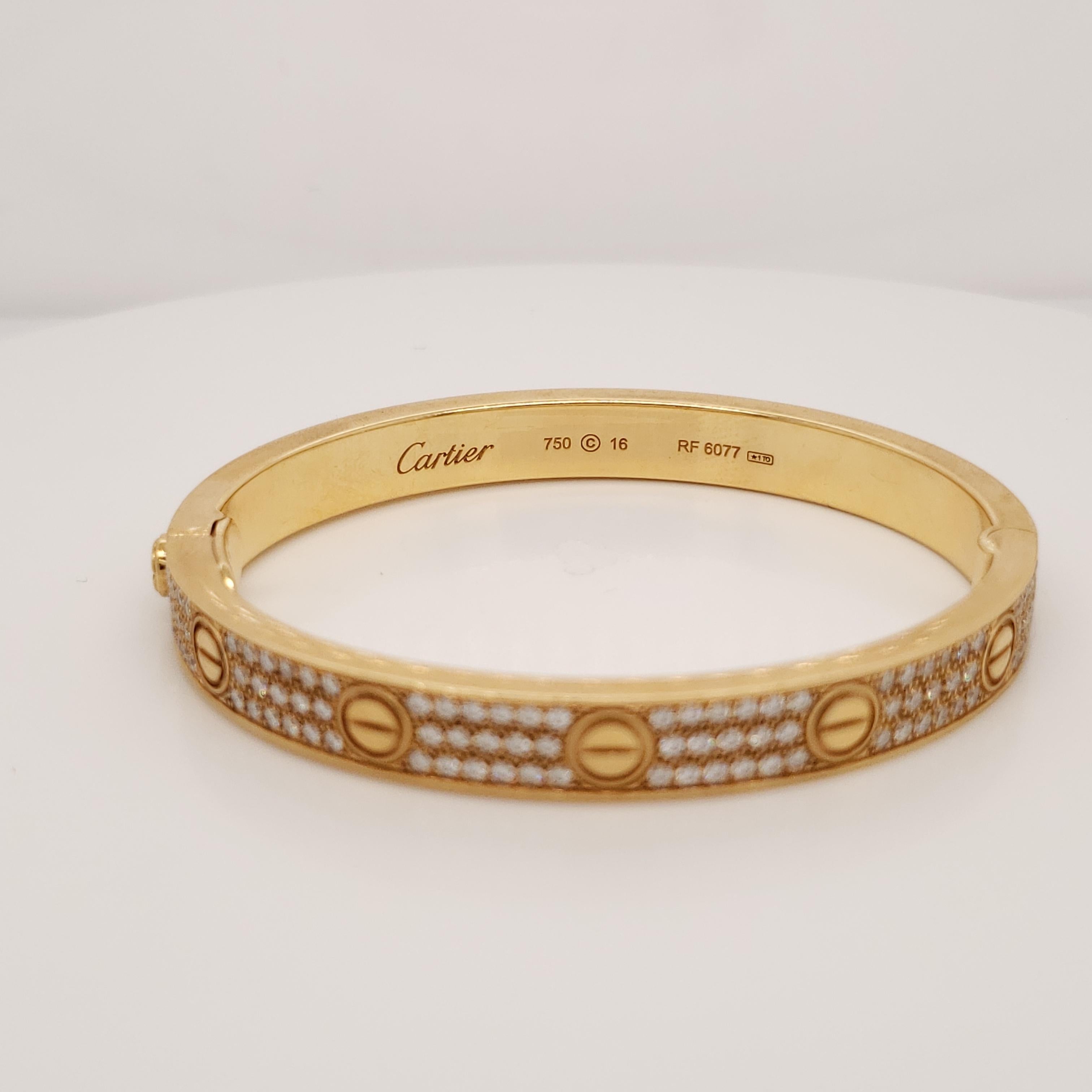 Love bracelet, 18K gold, set with 204 brilliant-cut diamonds totaling 2 carats. Cartier always seeks to perfect the harmony of each one of its creations. Because of this, the carat weight and the number of precious stones can vary slightly from