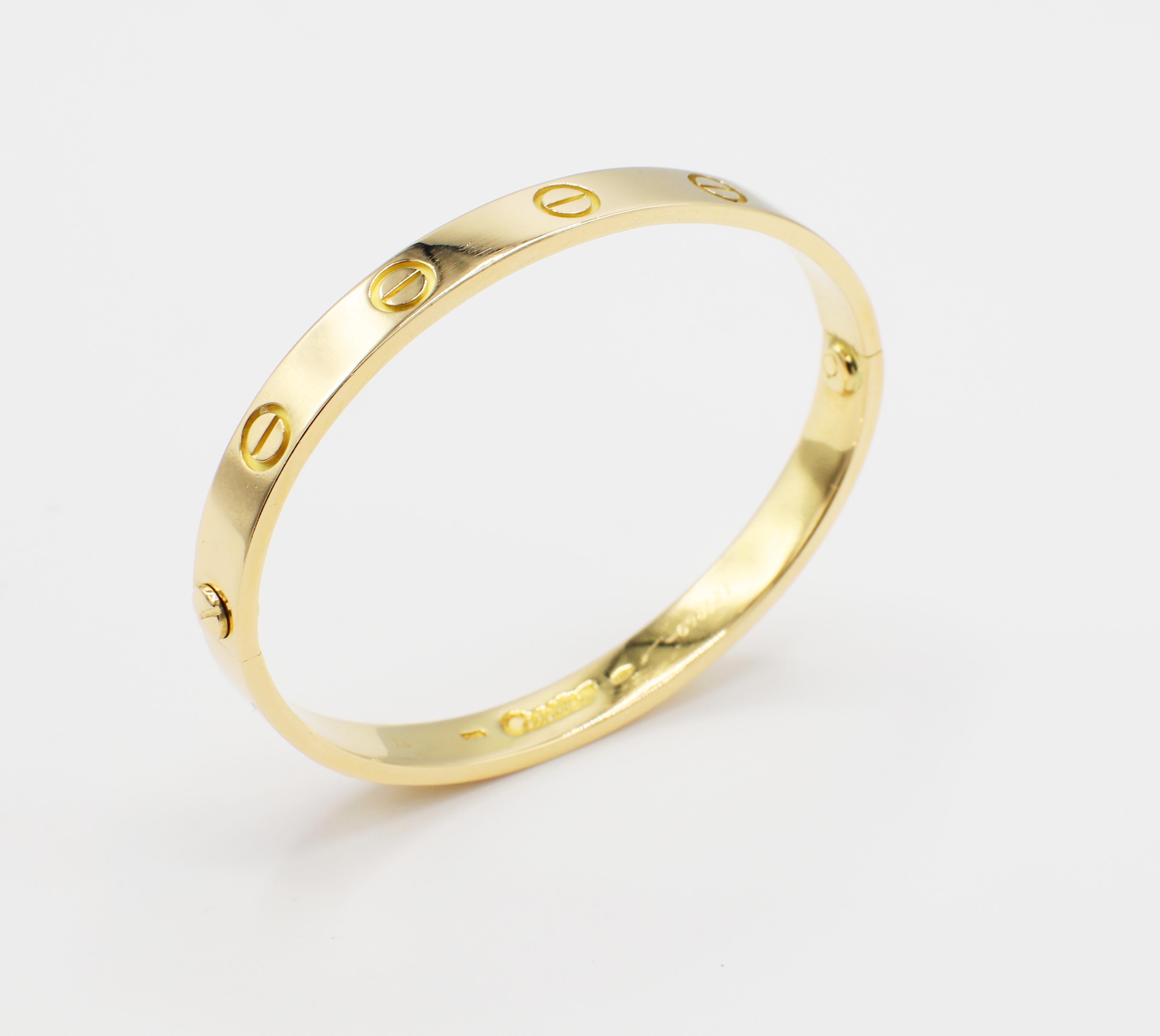 Cartier Love Bracelet Yellow Gold Size 16 
Metal: 18 karat yellow gold
Weight: 27.1 grams
Size: 16
Width: 6.1MM
Original screw system (screws come out) 
*Screw driver not included
