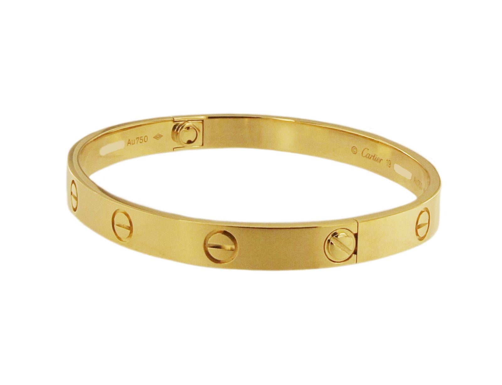 CARTIER LOVE BRACELET SIZE 19
Bracelet with Original Cartier Box & Papers.

A bracelet, 18K yellow gold. Sold with a screwdriver.

A child of 1970s New York, the LOVE collection remains today an iconic symbol of love that transgresses convention.