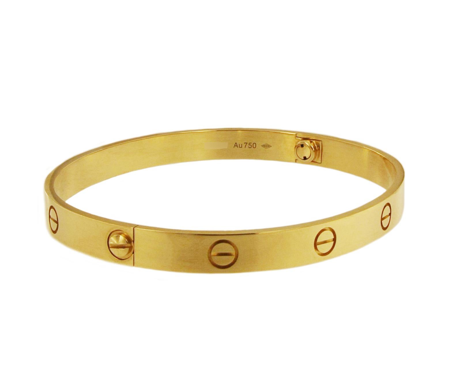 CARTIER LOVE BRACELET SIZE 21

Bracelet with Original Cartier Box & Papers.

A bracelet, 18K yellow gold. Sold with a screwdriver.

A child of 1970s New York, the LOVE collection remains today an iconic symbol of love that transgresses convention.