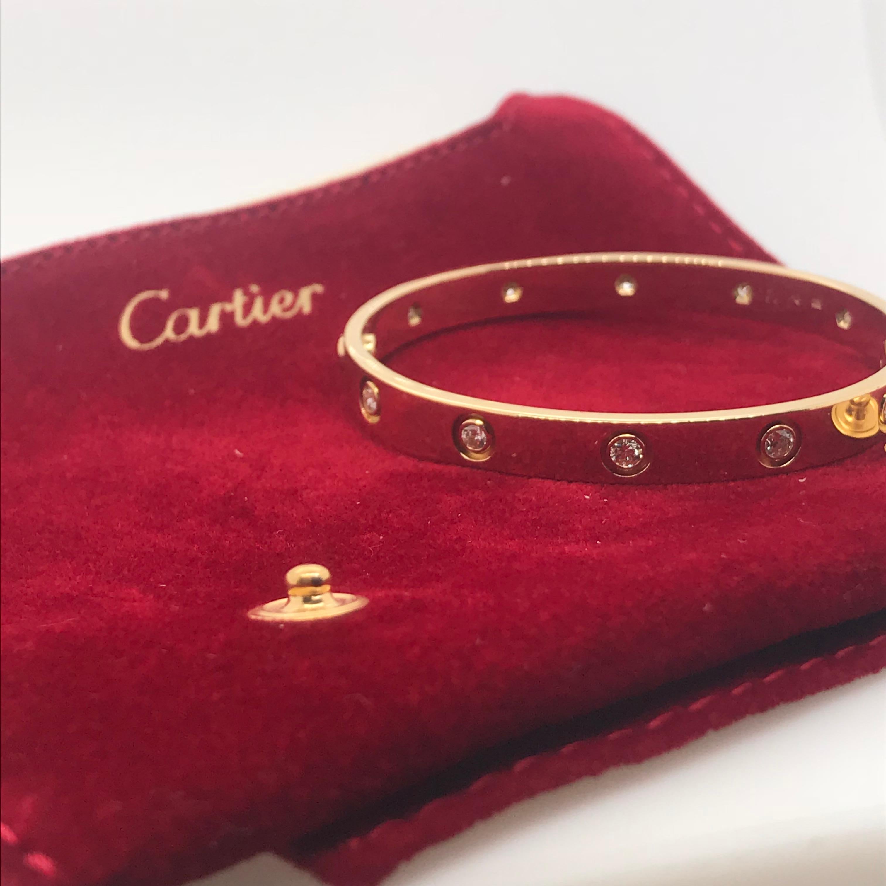 Round Cut Cartier Love Bracelet, 18 Karat Yellow Gold, Original Box and Papers