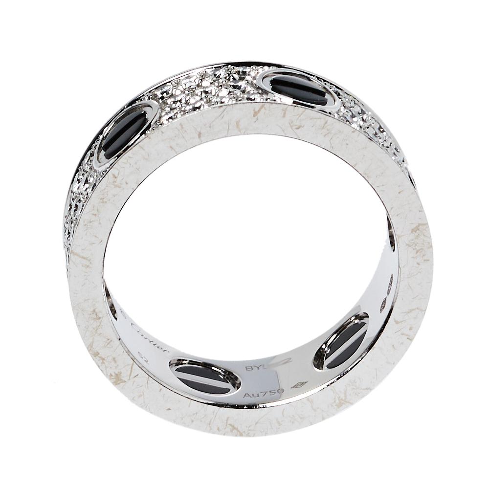 One of the most iconic and loved designs from the house of Cartier, the stunning Love ring is an icon of style and luxury. This is an updated version that arrives in 18k white gold decorated beautifully with pave set diamonds all over. The ring also