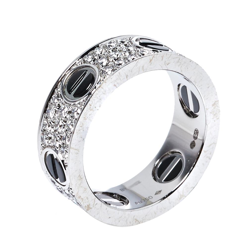 Contemporary Cartier Love Ceramic Diamond Paved 18K White Gold Ring Size 52