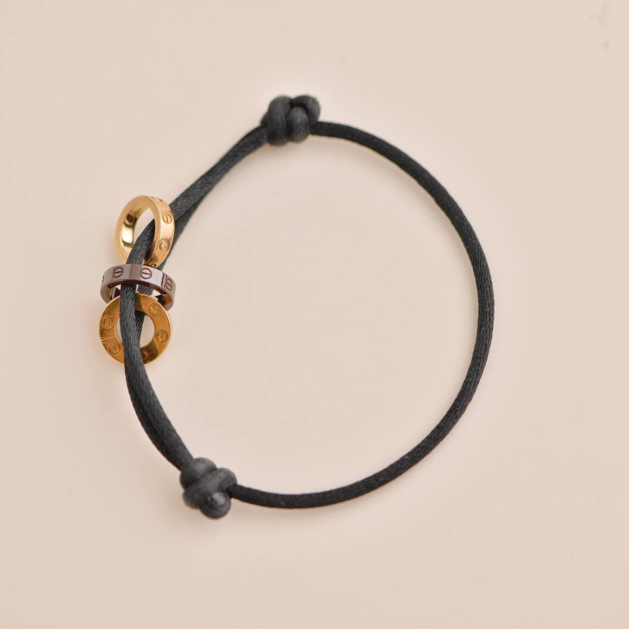 Cartier Love Charity Diamant Brown Keramik Gold 3 Reifen Schwarz Seide Cord Armband (Brillantschliff)