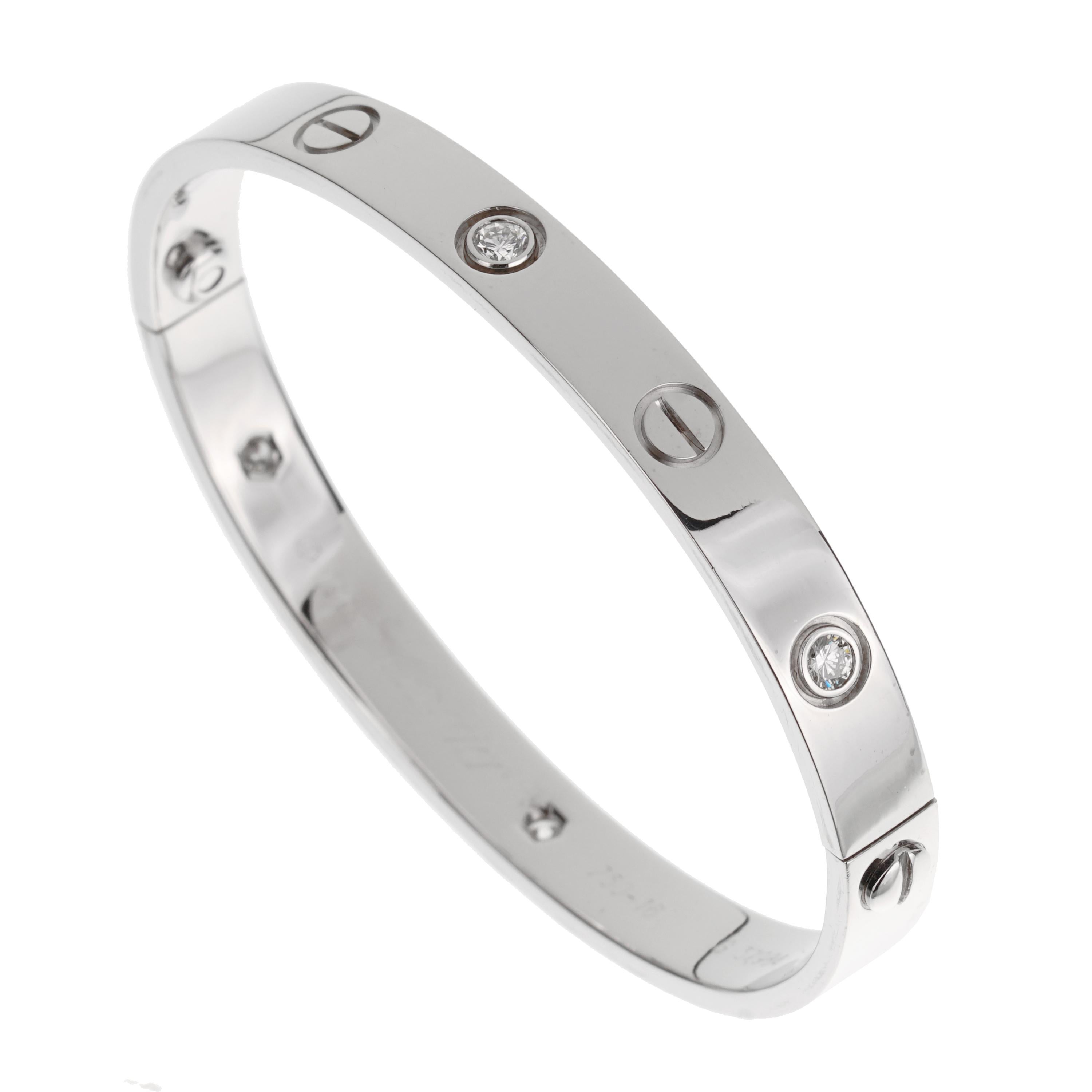 Taille ronde Cartier Love Classic 6 Diamond 18k White Gold Bangle Bracelet Sz 16 en vente