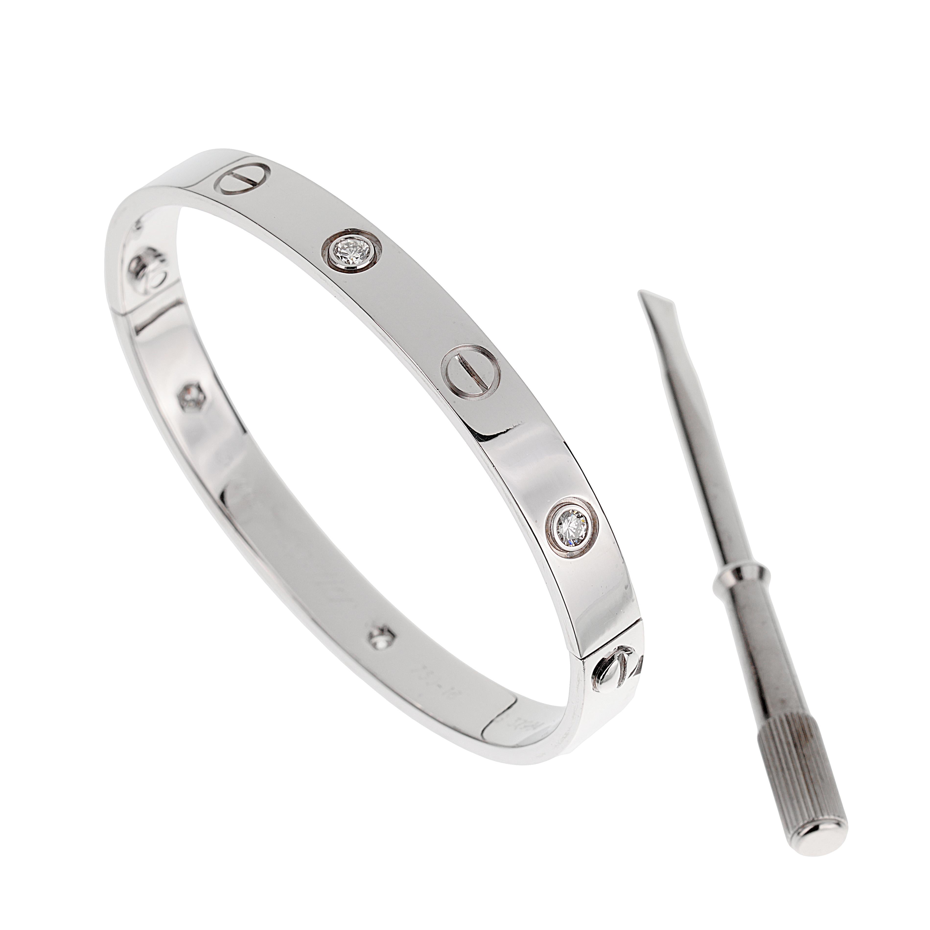 Cartier Love Classic 6 Diamond 18k White Gold Bangle Bracelet Sz 16 Excellent état - En vente à Feasterville, PA