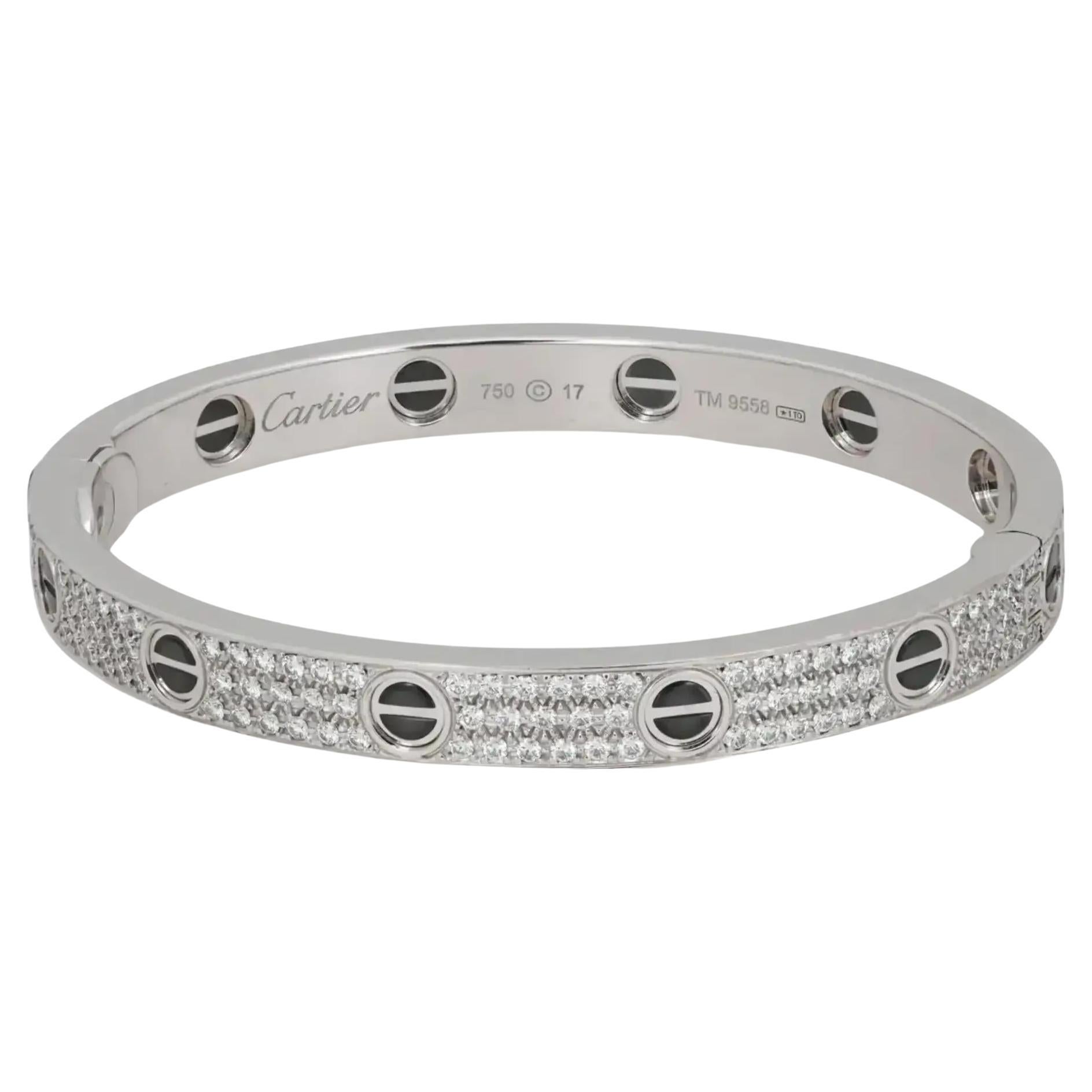 Cartier Love Classic Model Paved Ceramic Bracelet 18K White Gold 2.00Ctw Size 17