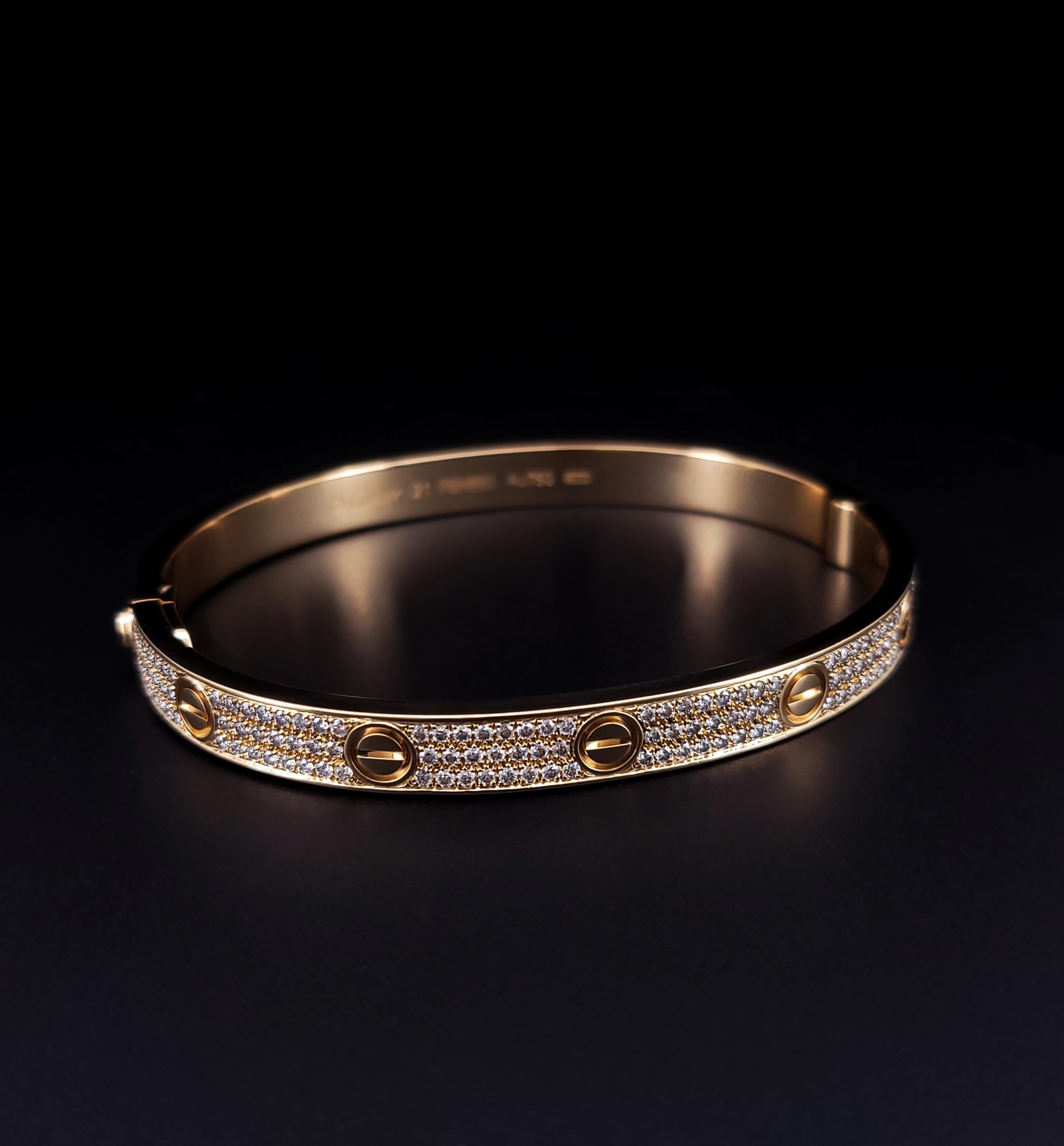 Round Cut Cartier Love Classic Model Paved Diamond Bracelet Size 21 For Sale