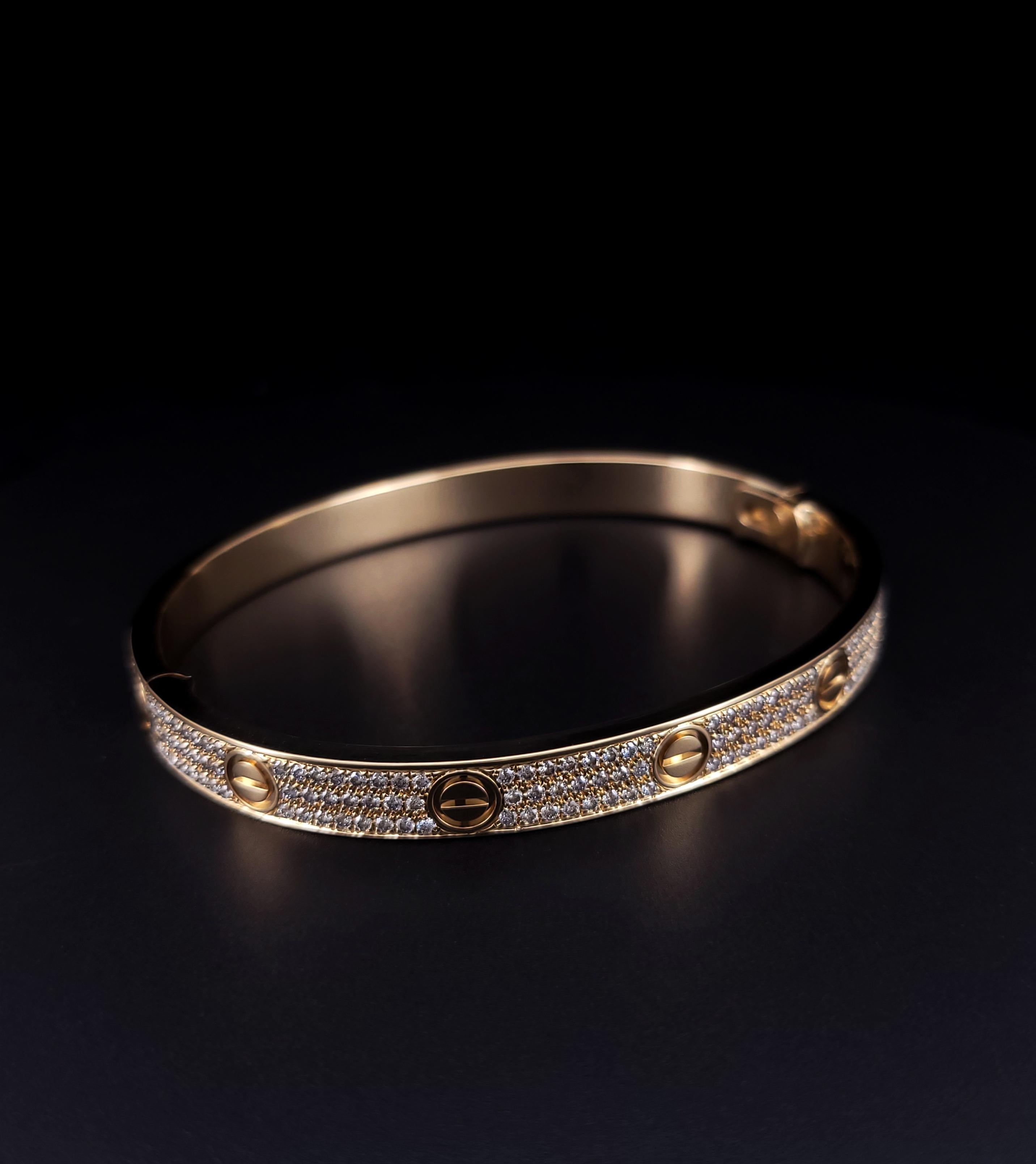 Women's Cartier Love Classic Model Paved Diamond Bracelet Size 21 For Sale