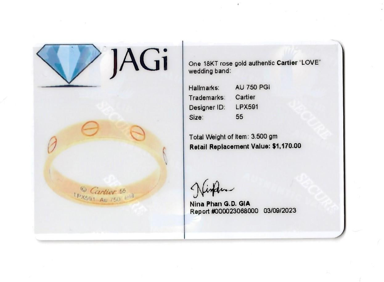 Cartier Love Collection 18 Karat Rose Gold Narrow Band Ring with Box 8