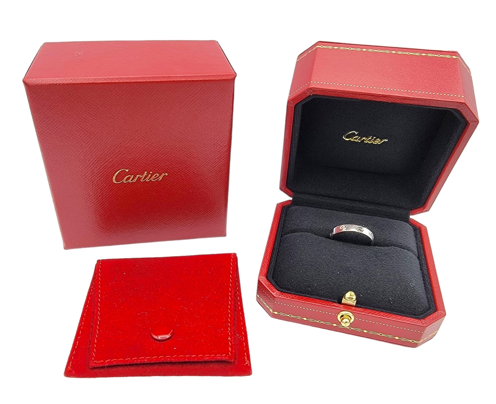 Contemporary Cartier Love Collection 18 Karat White Gold Narrow Band Ring with Box, Size 52 For Sale