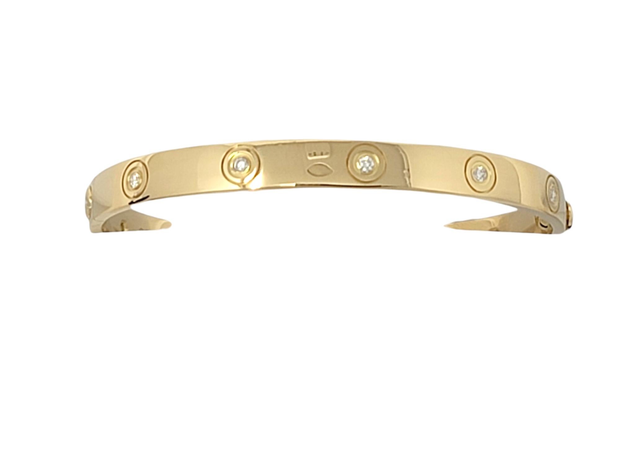 Round Cut Cartier Love Collection 18 Karat Yellow Gold and 10 Diamond Bangle Bracelet 17