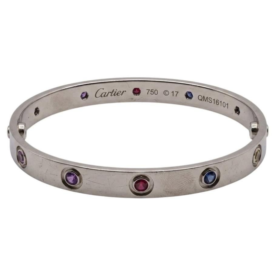 Cartier LOVE Collection 18k White Gold Multi-Colored Gemstone Bangle Bracelet For Sale
