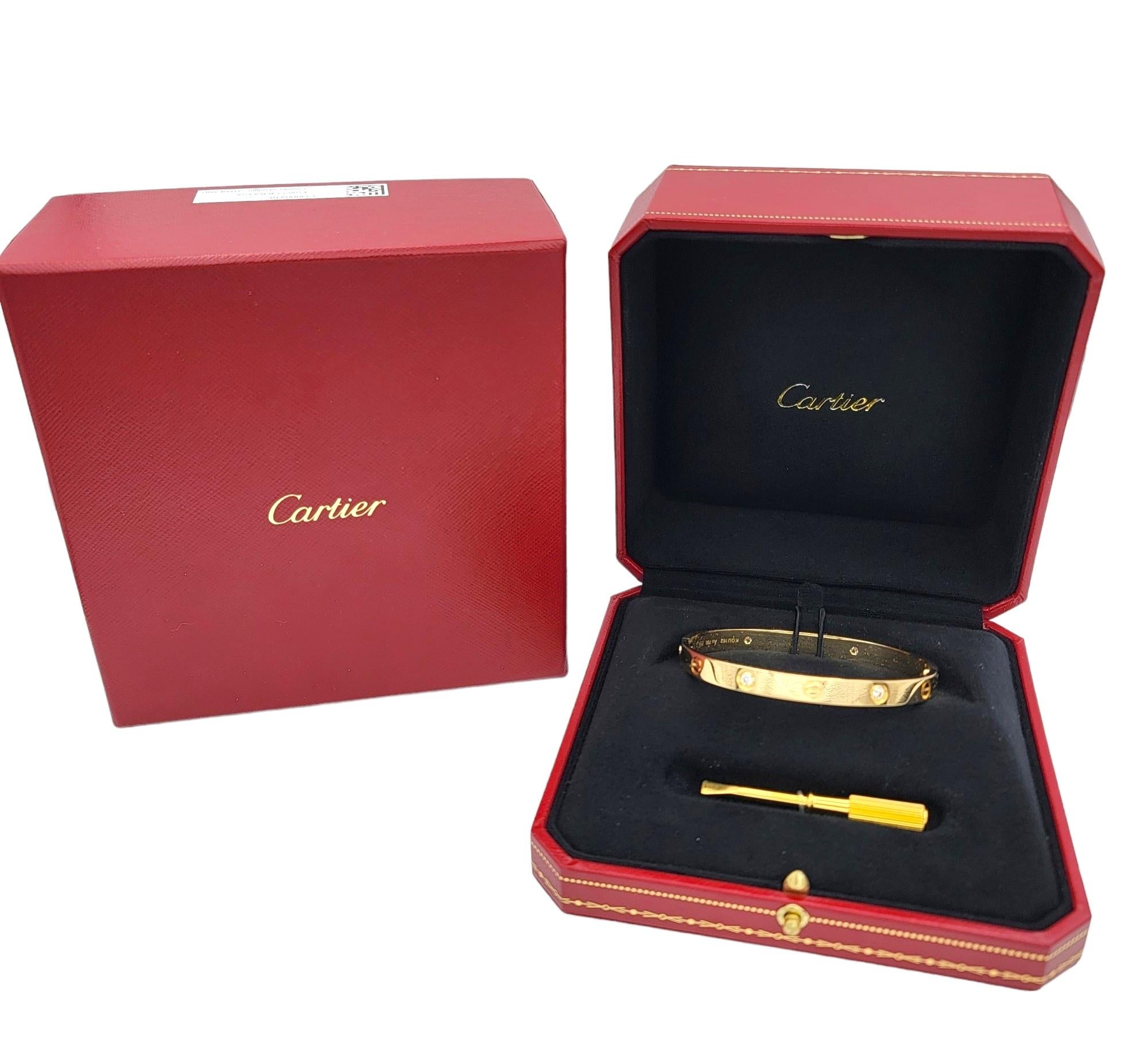 Cartier Love Collection 4 Diamond 18 Karat Yellow Gold Bangle Bracelet with Box In Good Condition In Scottsdale, AZ