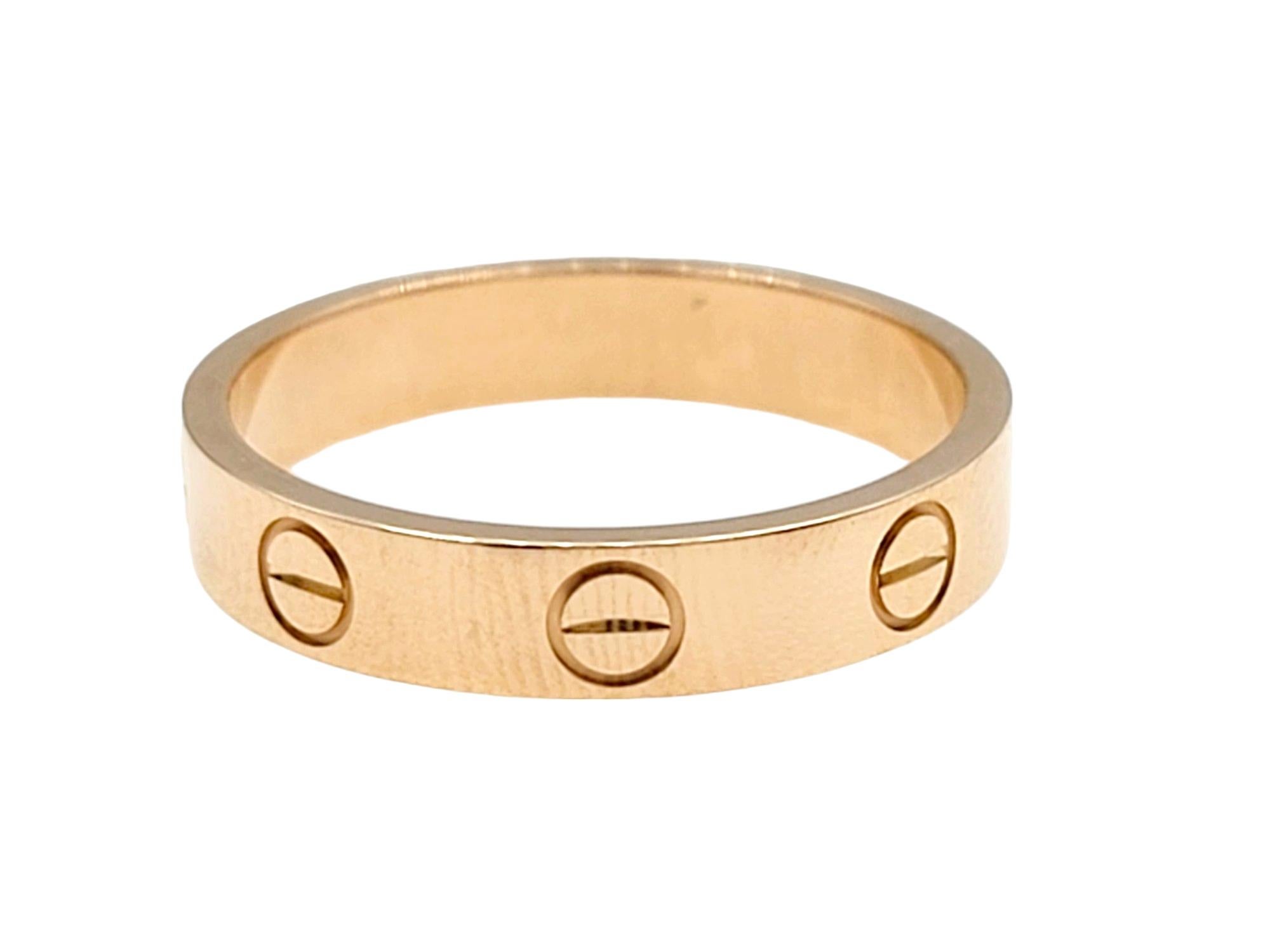 Contemporary Cartier Love Collection Narrow Polished 18 Karat Rose Gold Band Ring  For Sale