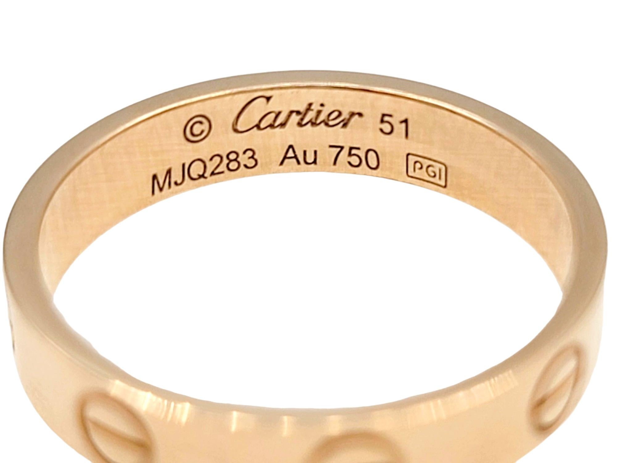 Cartier Love Collection Narrow Polished 18 Karat Rose Gold Band Ring  In Good Condition For Sale In Scottsdale, AZ
