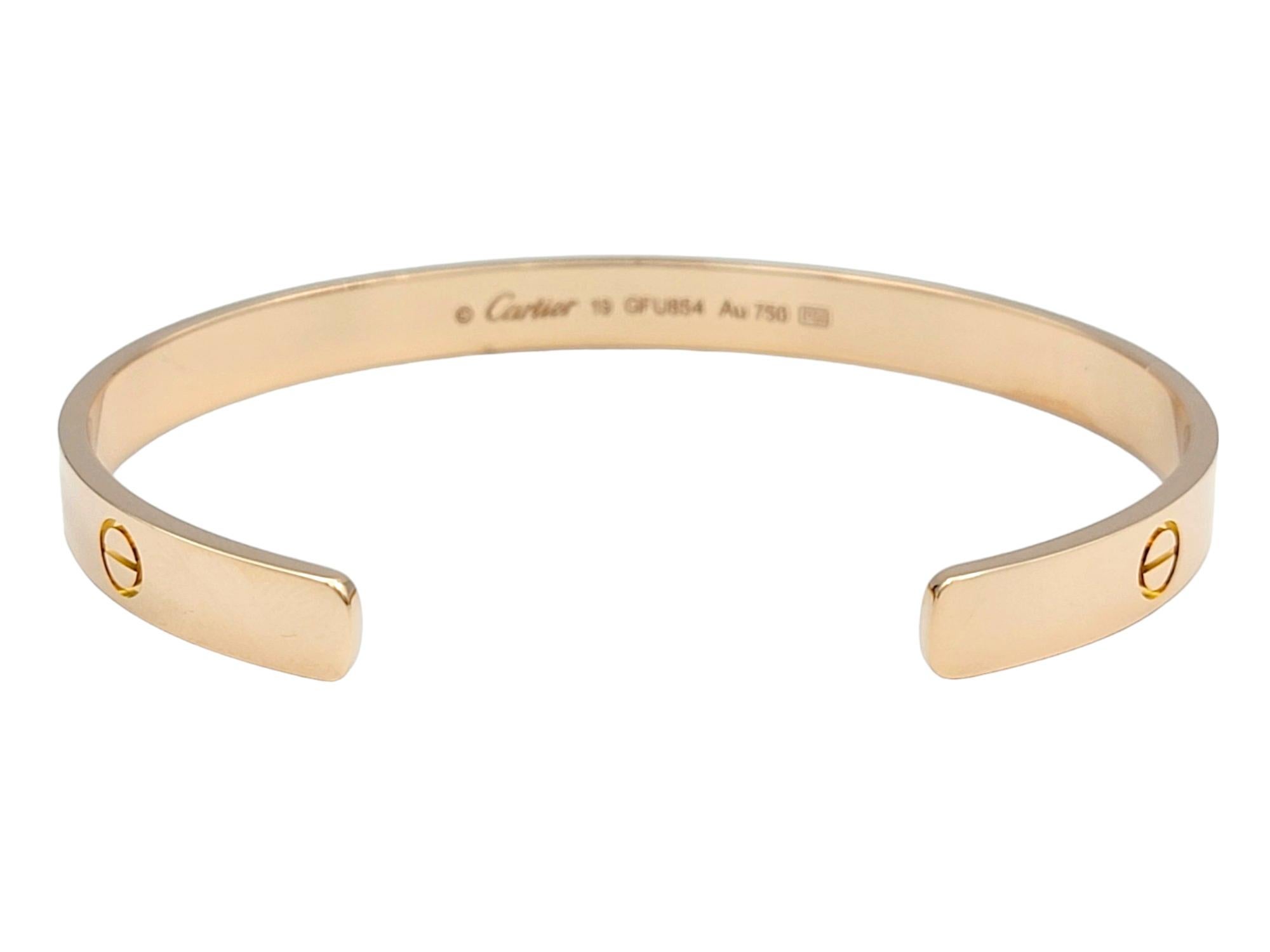 Cartier Love Collection Polished 18 Karat Rose Gold Slip-On Cuff Bracelet  In Excellent Condition For Sale In Scottsdale, AZ