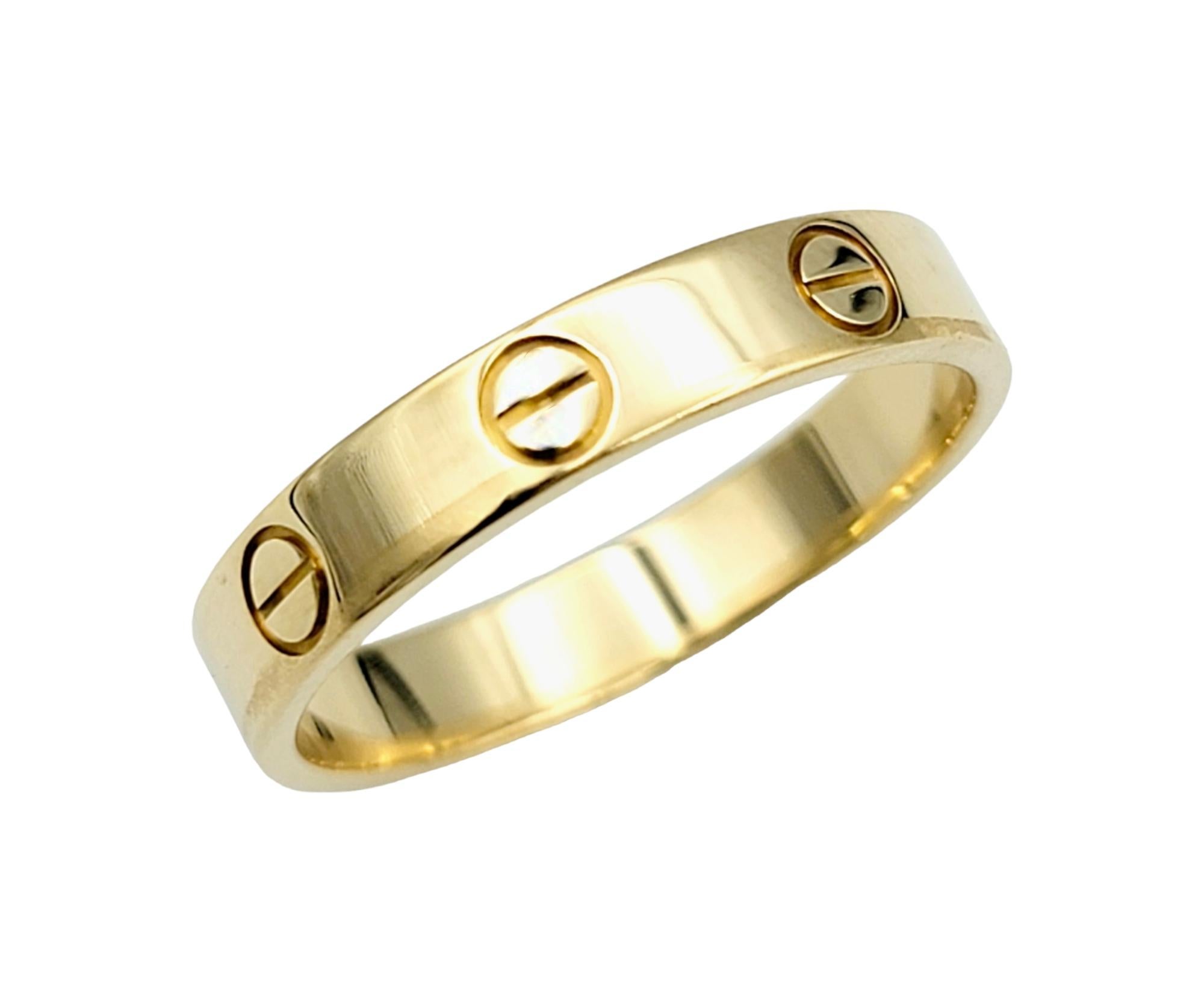 Ring size: 55 (U.S 7.25)

Iconic 'Love' band ring from Cartier is the perfect everyday piece. Cartier is a French high-end luxury goods company that designs, manufactures, distributes, and sells jewelry, leather goods, and watches. It was founded by