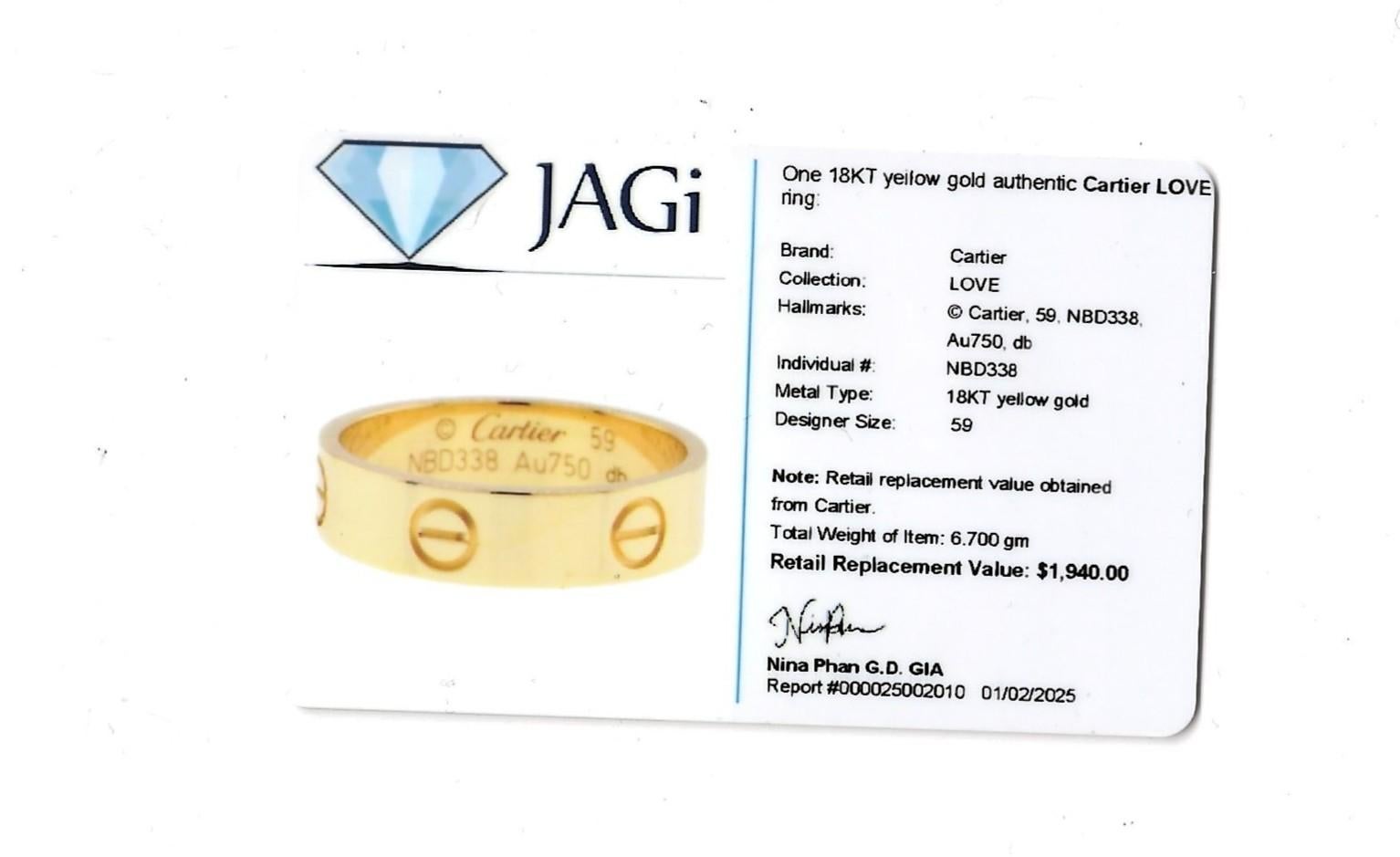 Cartier Love Collection Unisex Band Ring Polished 18 Karat Yellow Gold, Size 59 7