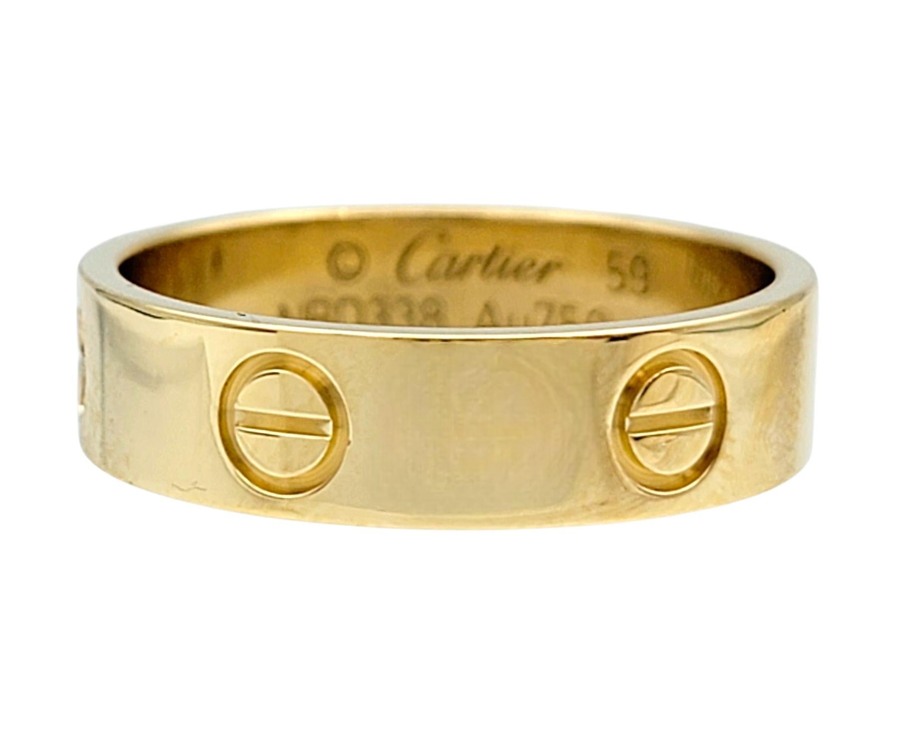 Cartier Love Collection Unisex Band Ring Polished 18 Karat Yellow Gold, Size 59 In Good Condition In Scottsdale, AZ