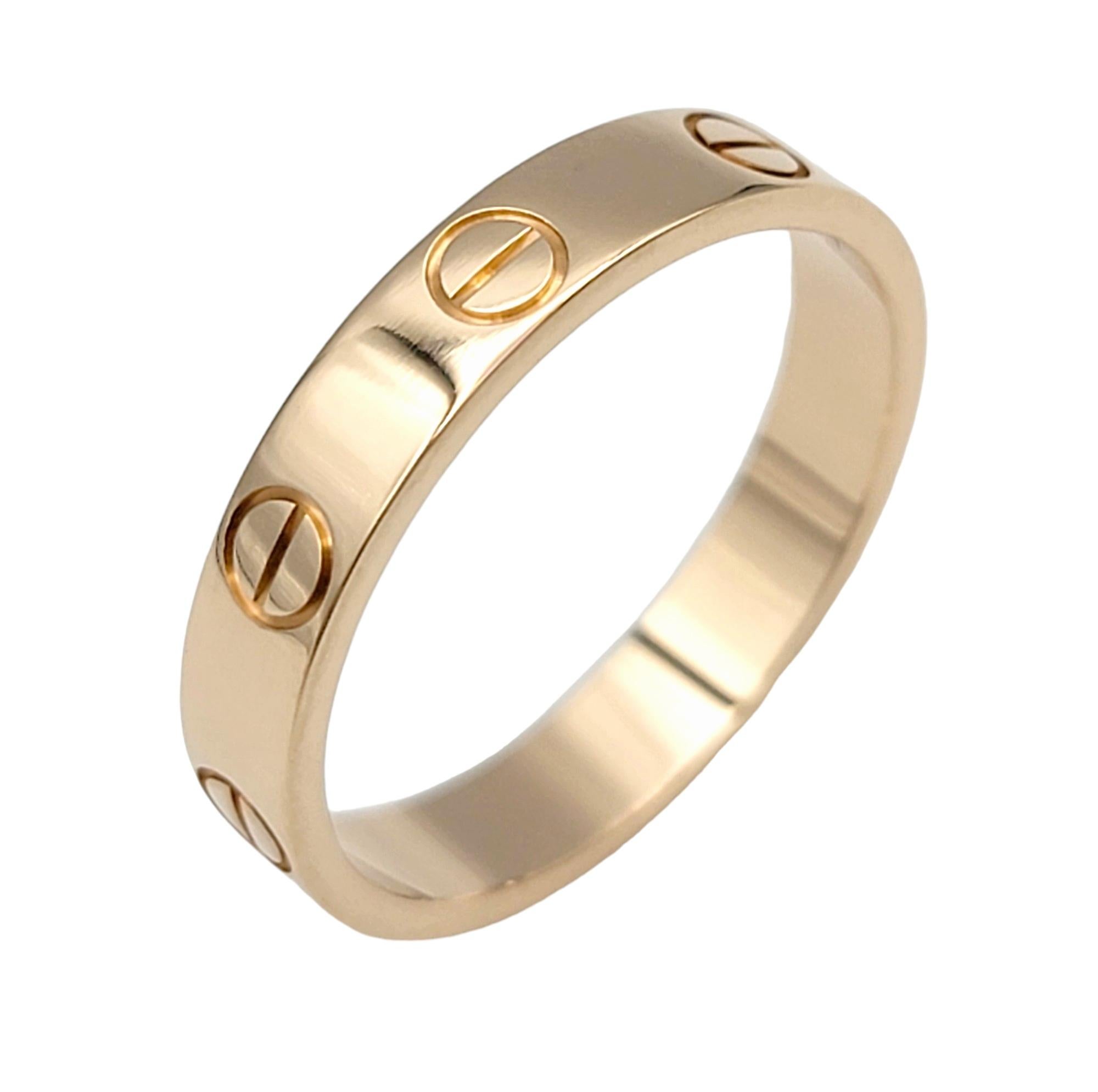 Ring Size: 6.5 (US), 53 (EU)

This gorgeous Cartier Love ring in 18 karat rose gold is an iconic and timeless piece that epitomizes both elegance and romance. Crafted by the renowned luxury brand Cartier, this ring is a part of the Love collection,