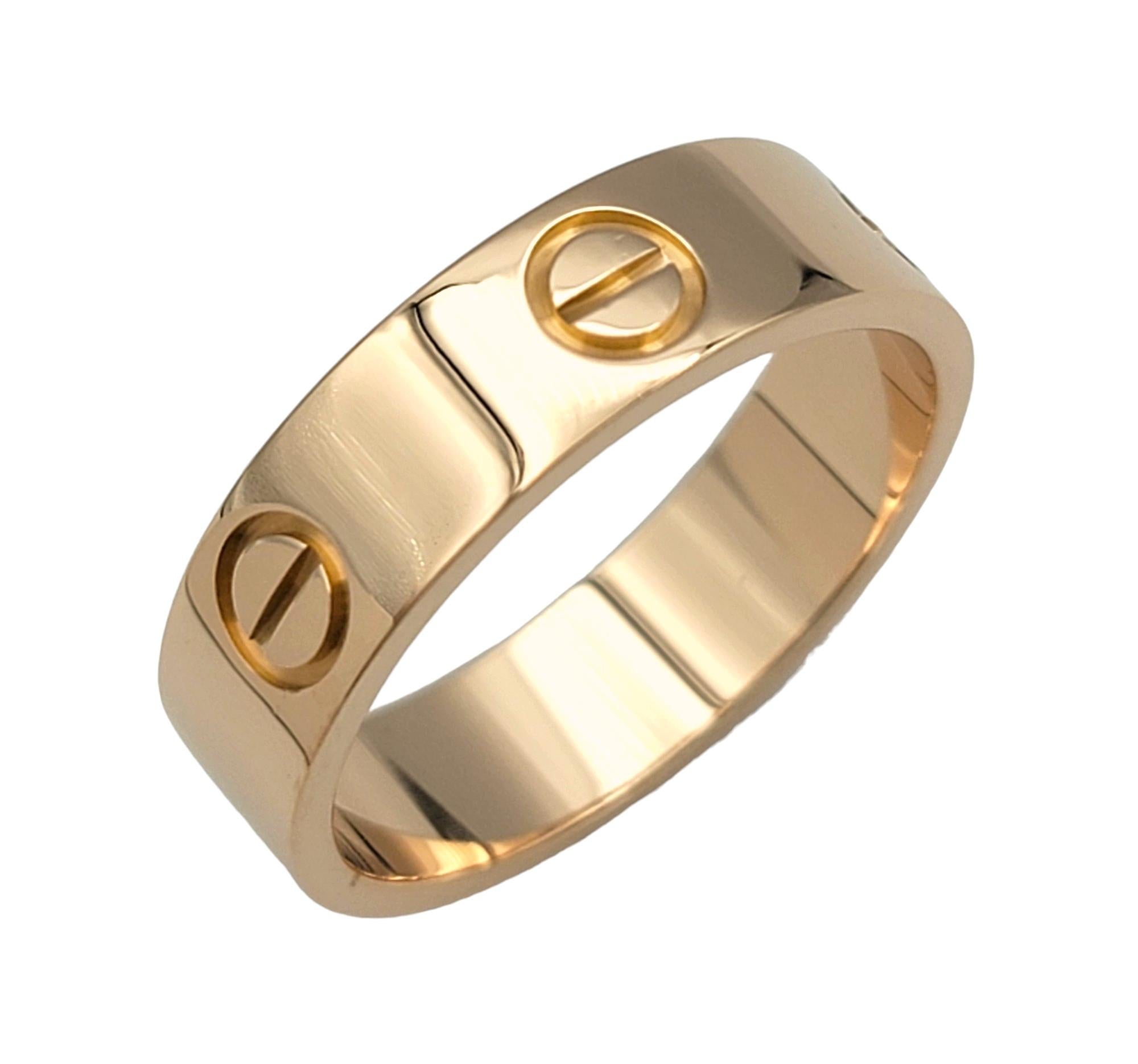 Ring Size: 56 (EU) and 7.75 (US)

This gorgeous Cartier Love ring in 18 karat rose gold is an iconic and timeless piece that epitomizes both elegance and romance. Crafted by the renowned luxury brand Cartier, this ring is a part of the Love