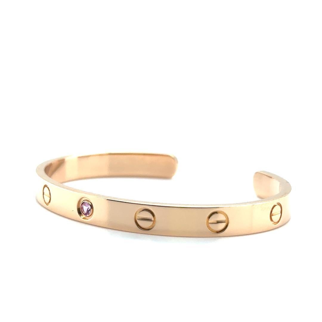 Cartier Love Cuff Bracelet Pink Sapphire Rose Gold Size 17 In Excellent Condition In MIAMI, FL