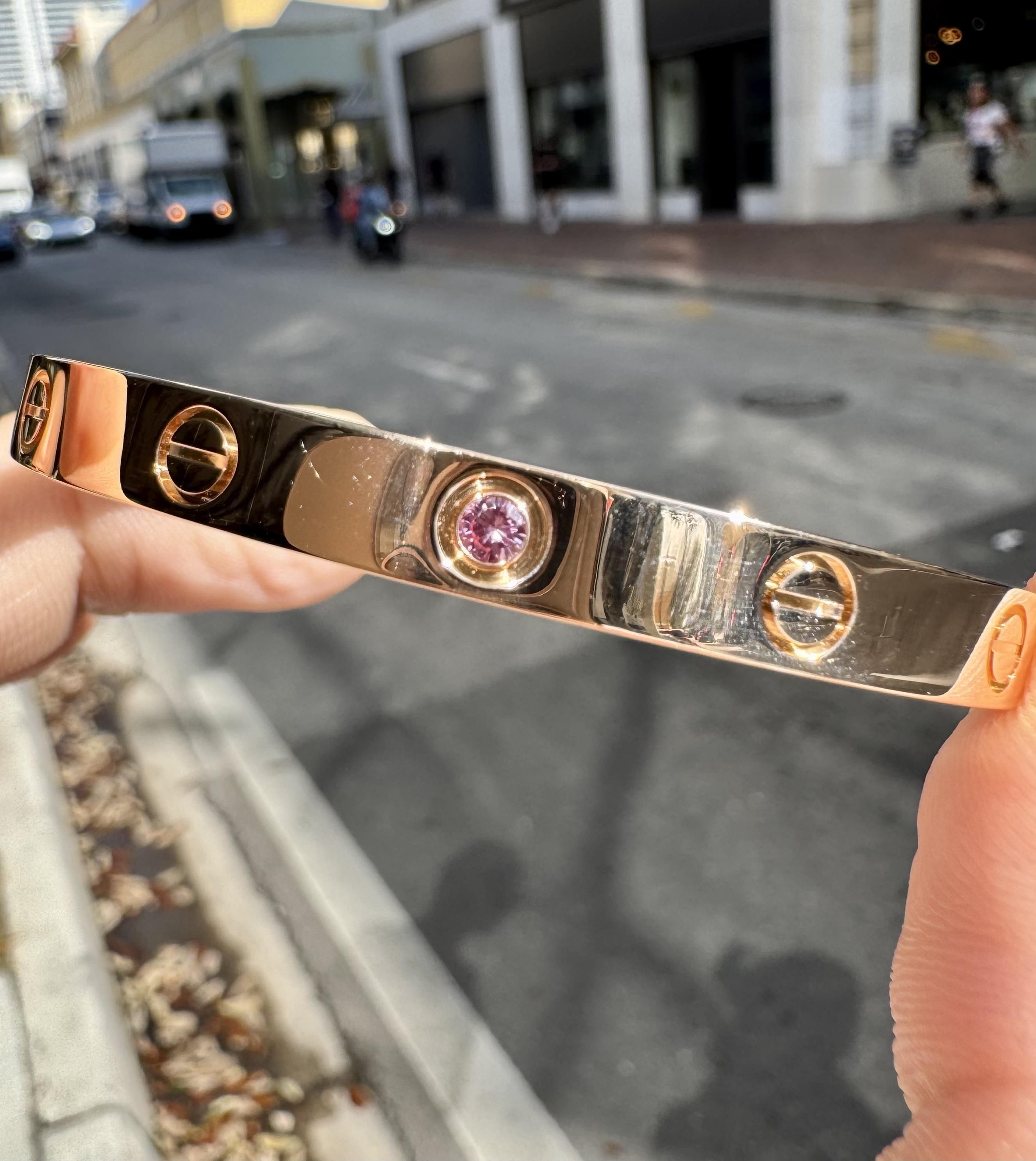 Women's or Men's Cartier Love Cuff Bracelet Pink Sapphire Rose Gold Size 17