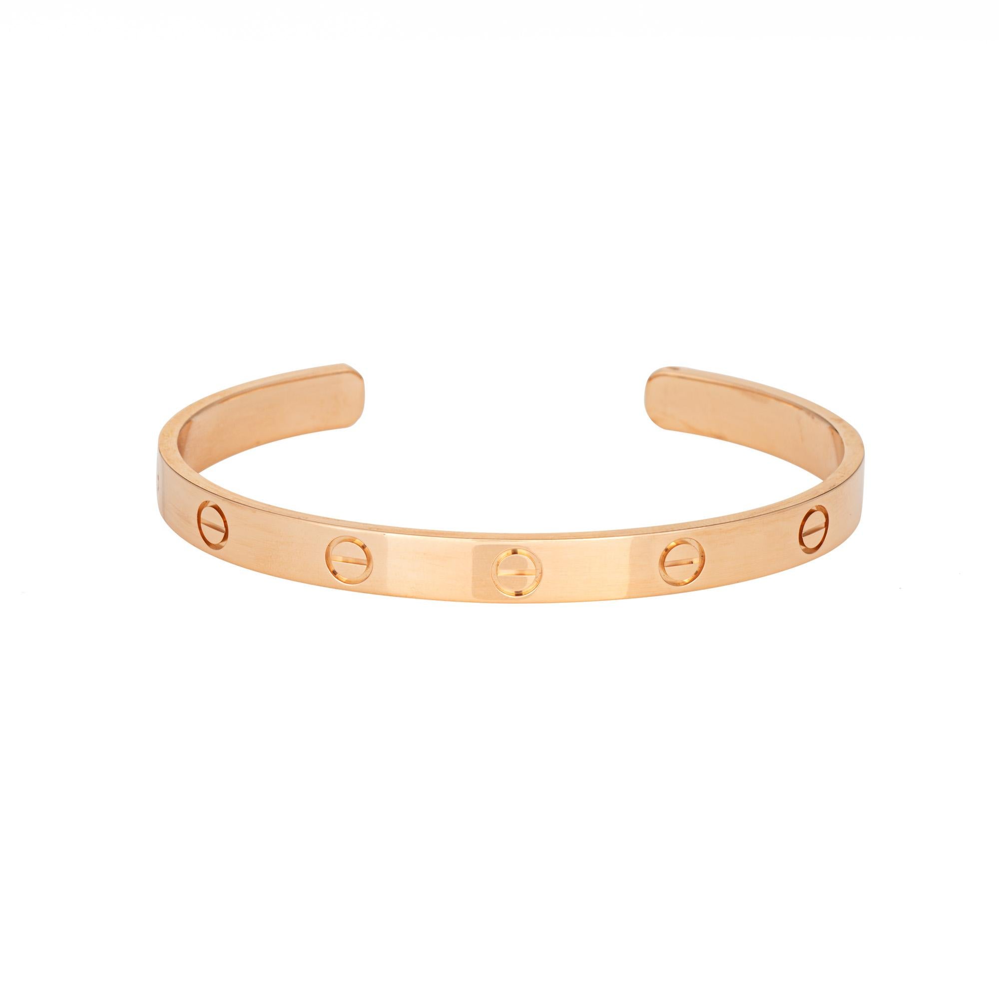 Pre-owned Cartier cuff bracelet crafted in 18 rose gold.  

From the iconic Love collection the bracelet is crafted in 18k rose gold. The cuff bracelet is a size 18 and makes a great statement worn alone or stacked. No Cartier box or papers. 

The