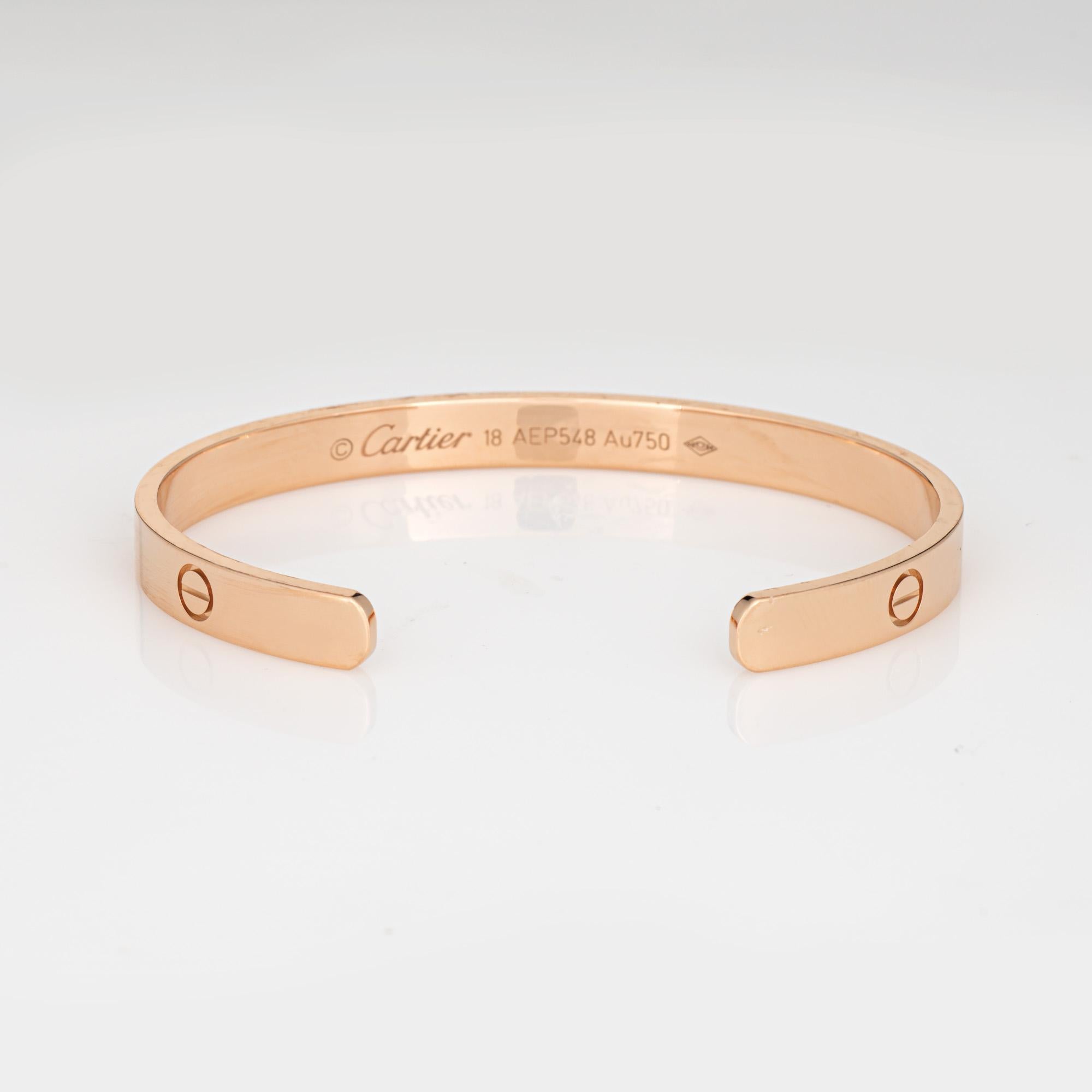 Women's Cartier Love Cuff Bracelet Sz 18 Estate 18 Karat Rose Gold Fine Signed Jewelry For Sale